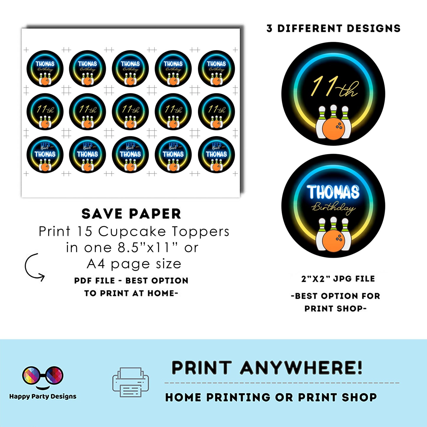 Editable neon bowling Round cupcake toppers | bowling birthday | neon Birthday Party | bowling themed | Boy Birthday Party | stickers #0003