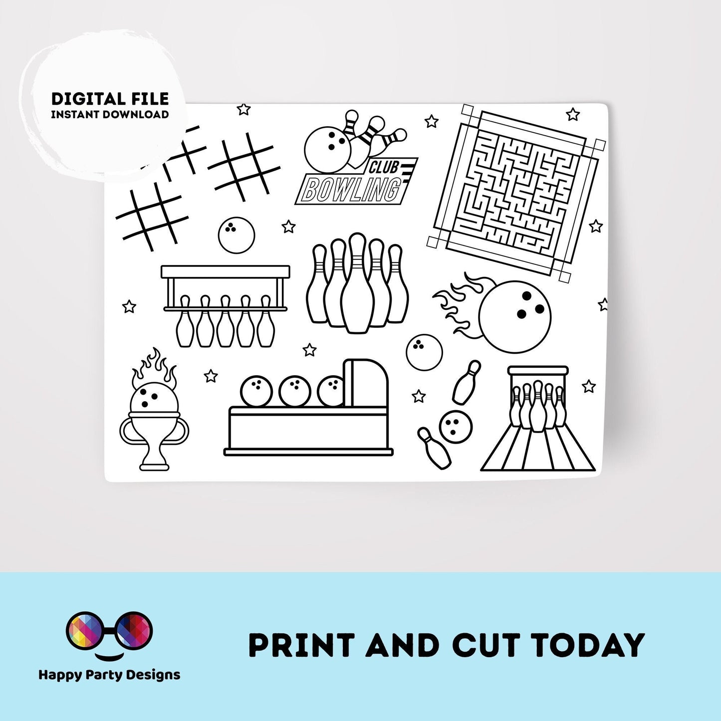 Printable Bowling Party Coloring Page | Bowling Activity Page | Bowling Party Placemat | Bowling table mat| Printable Bowling #KID3 #KID4
