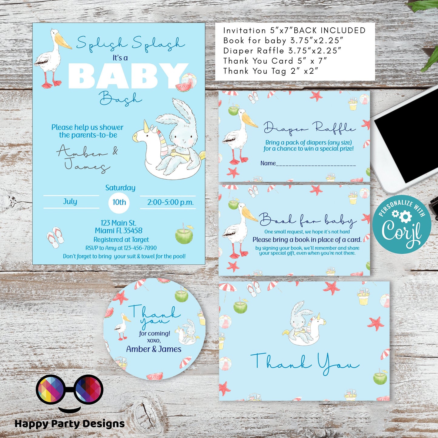 EDITABLE Pool Baby Bash invitation bundle | diaper raffle, books for baby, thank you tag, thank you card| Baby girl | Summer baby shower #B1