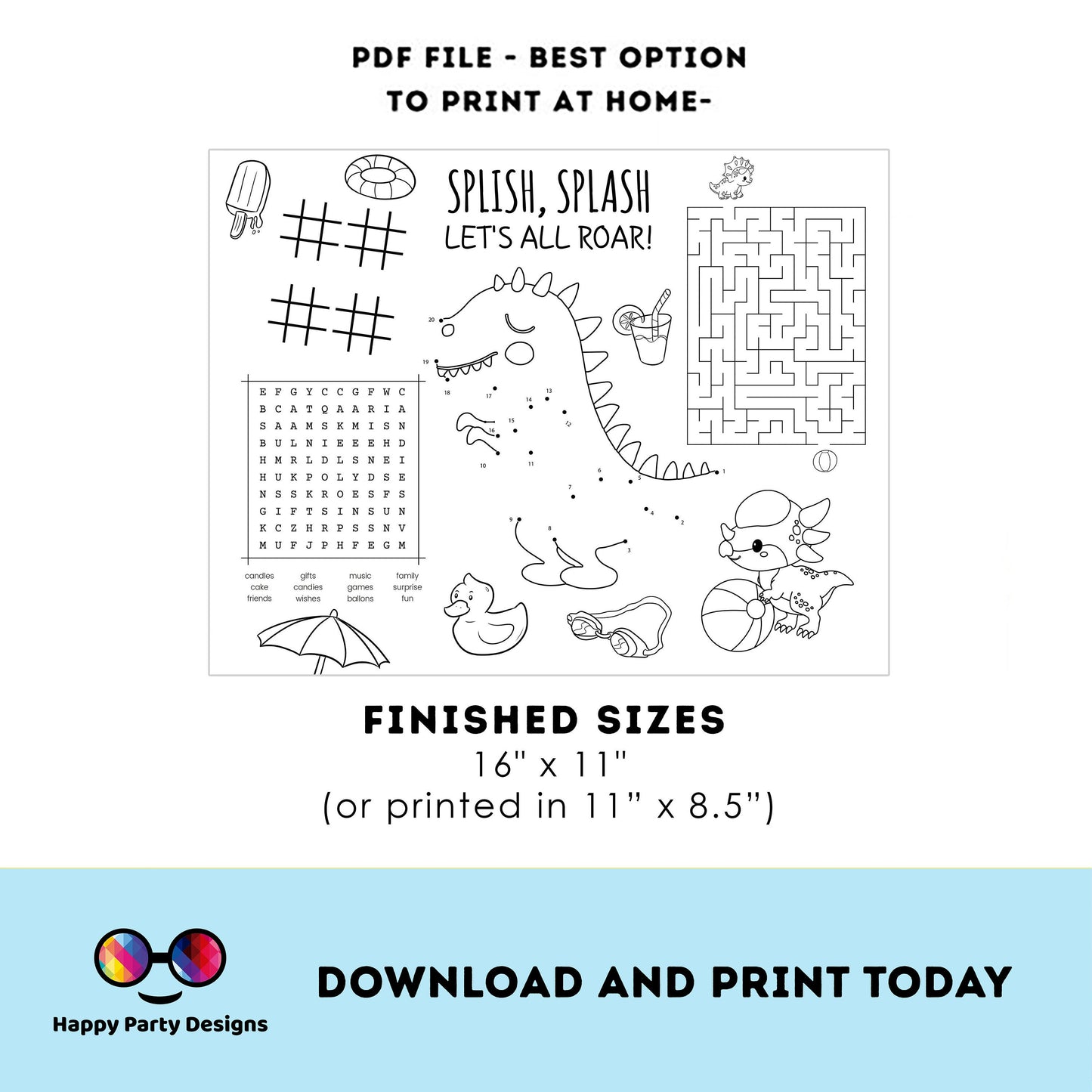 INSTANT DOWNLOAD Dinosaur Pool party coloring page | Dinosaur Pool party Activity games | Dinosaur Activity Page Dinosaur Placemat #K83