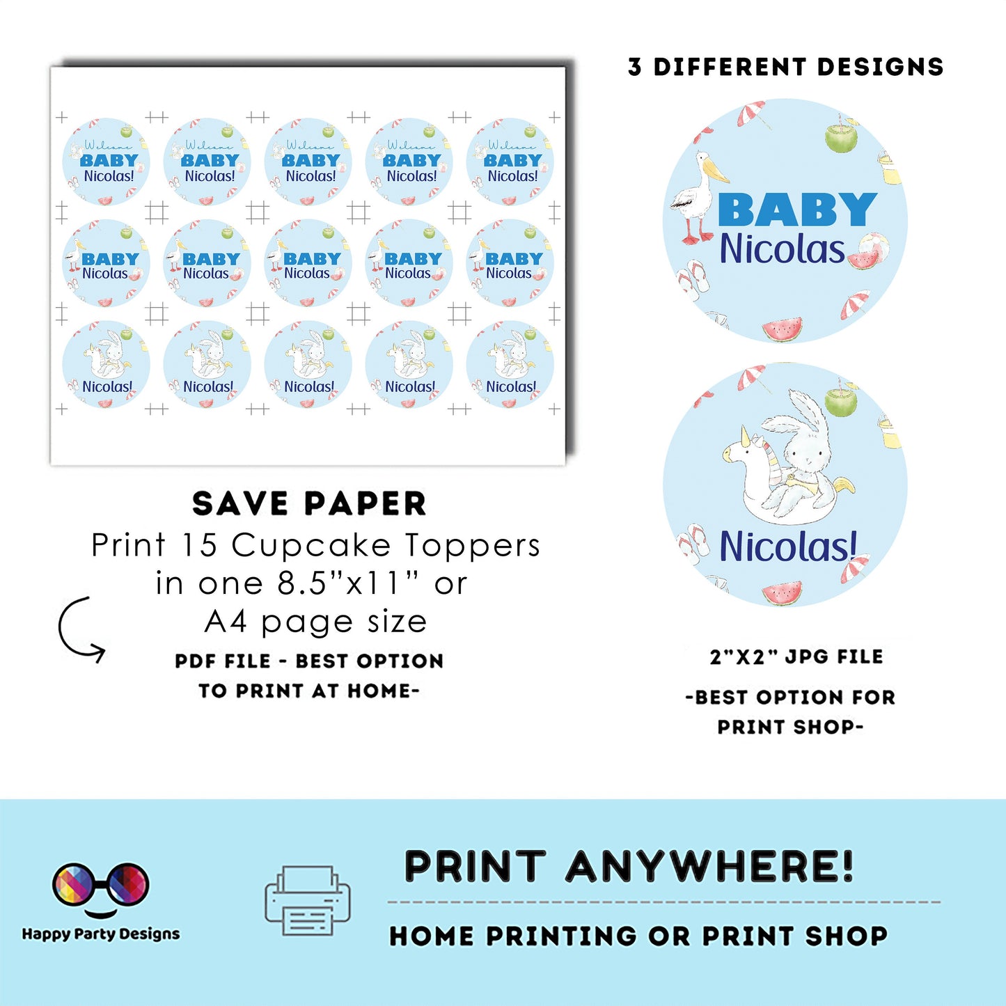 Editable Pool baby bash cupcake toppers | Instant download | Boy baby shower | Pool party | Baby Shower | Pool baby shower for boy #B1