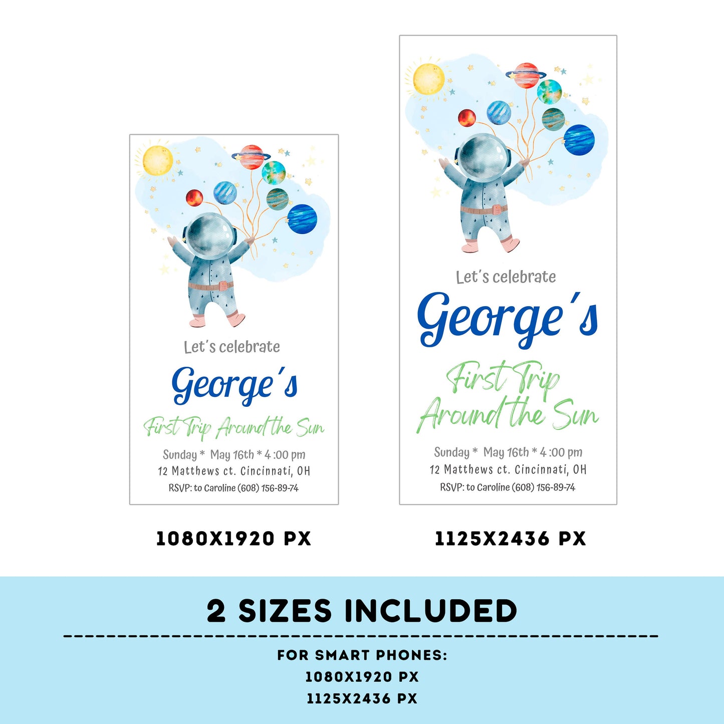 Editable Outer Space First Birthday Evite | First Trip Around the Sun Space Boy | Editable Invitation for iPhone, Smartphone Template #K5