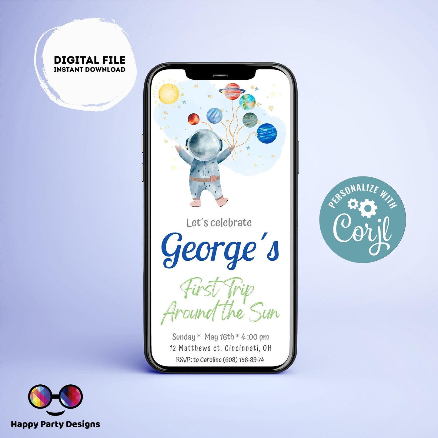 Editable Outer Space First Birthday Evite | First Trip Around the Sun Space Boy | Editable Invitation for iPhone, Smartphone Template #K5