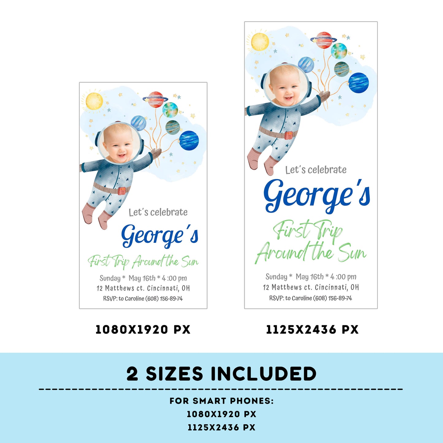Editable Outer Space First Birthday Photo Evite | First Trip Around the Sun Space Boy | Invitation for iPhone, Smartphone Template #K5