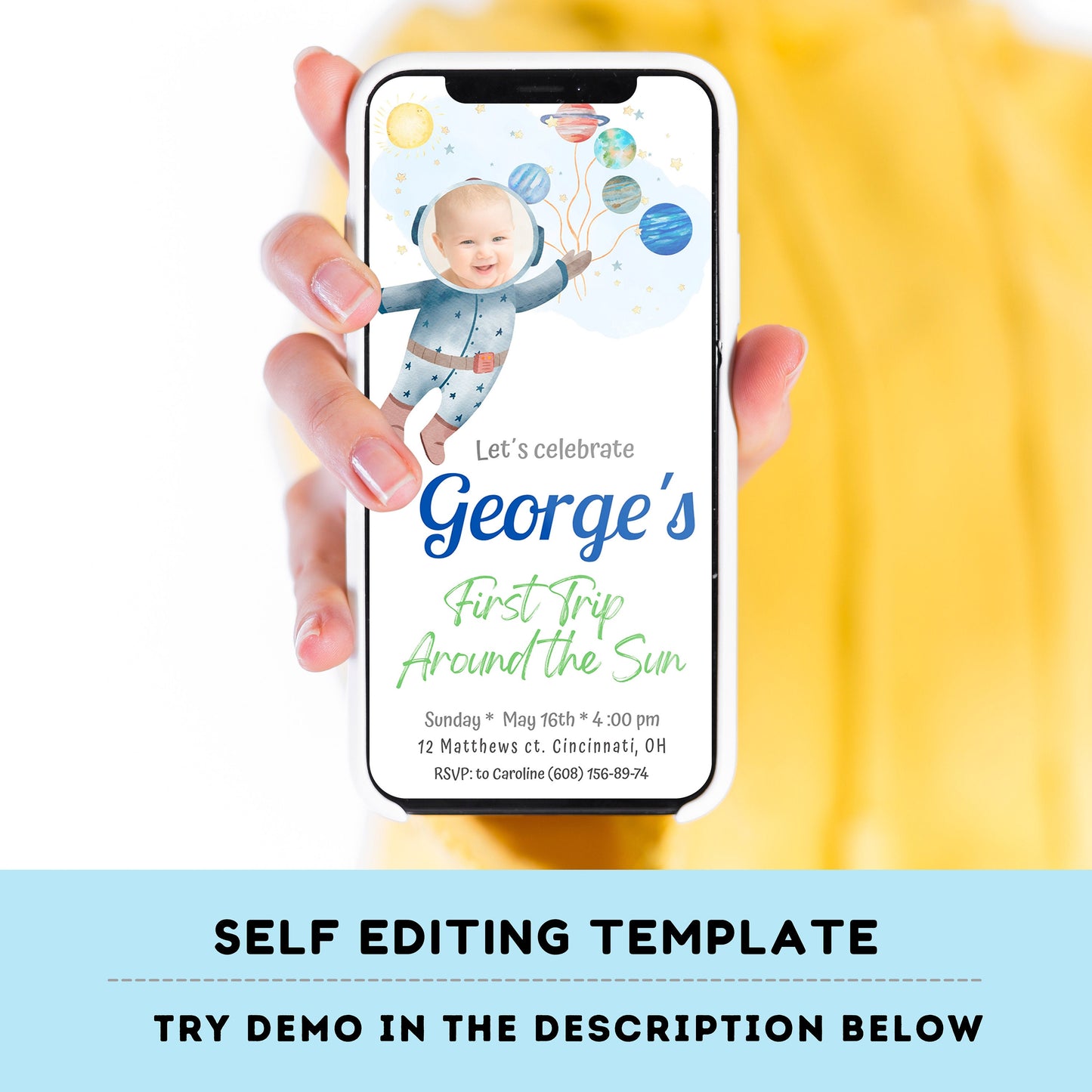 Editable Outer Space First Birthday Photo Evite | First Trip Around the Sun Space Boy | Invitation for iPhone, Smartphone Template #K5
