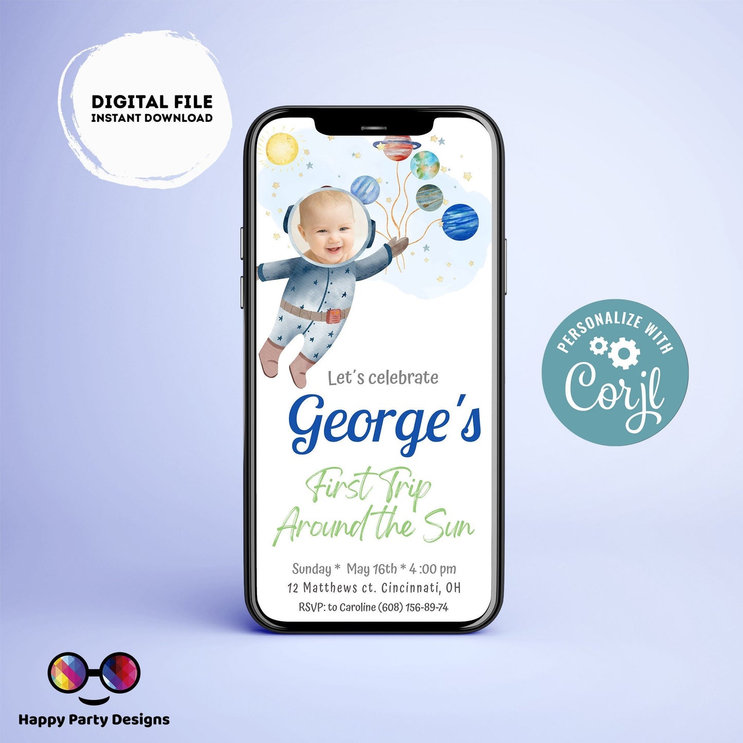 Editable Outer Space First Birthday Photo Evite | First Trip Around the Sun Space Boy | Invitation for iPhone, Smartphone Template #K5