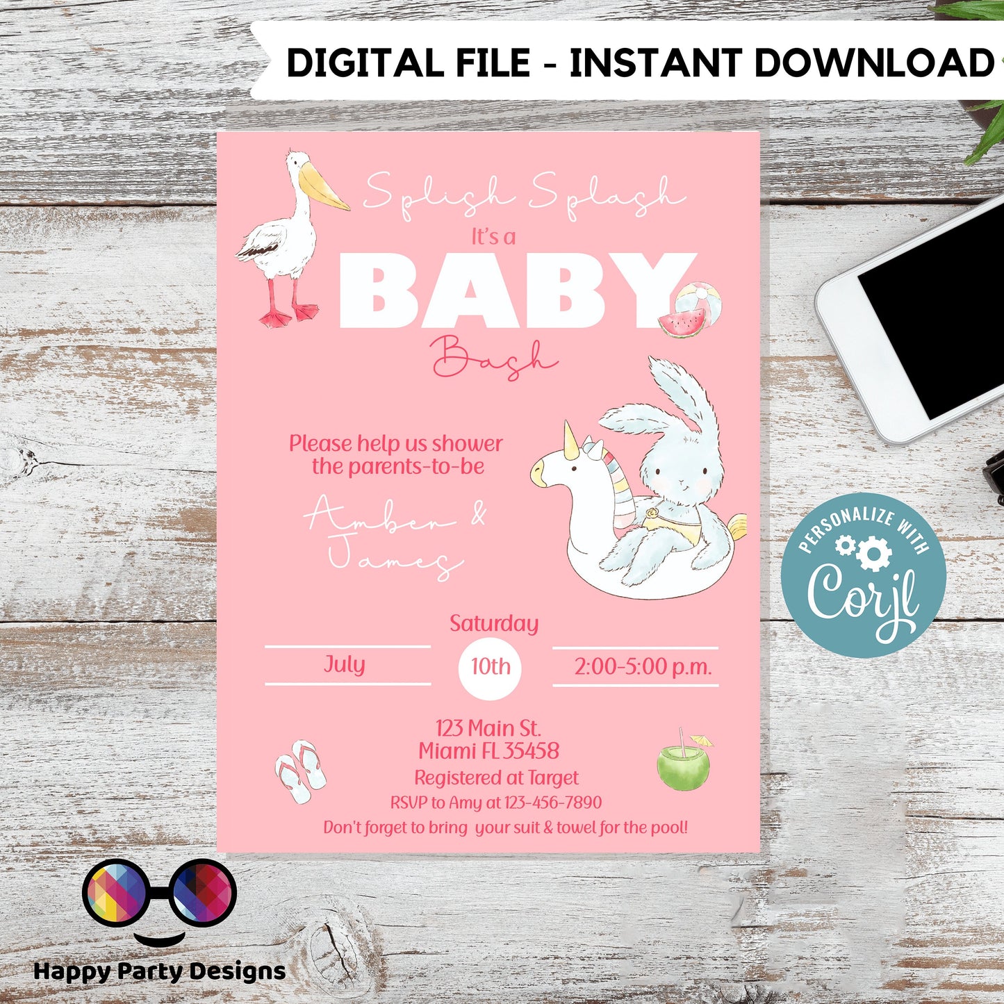 EDITABLE Pool Baby Bash invitation | Pool party Invitation | Baby Shower | Instant Download | Baby girl | Summer baby shower #B2