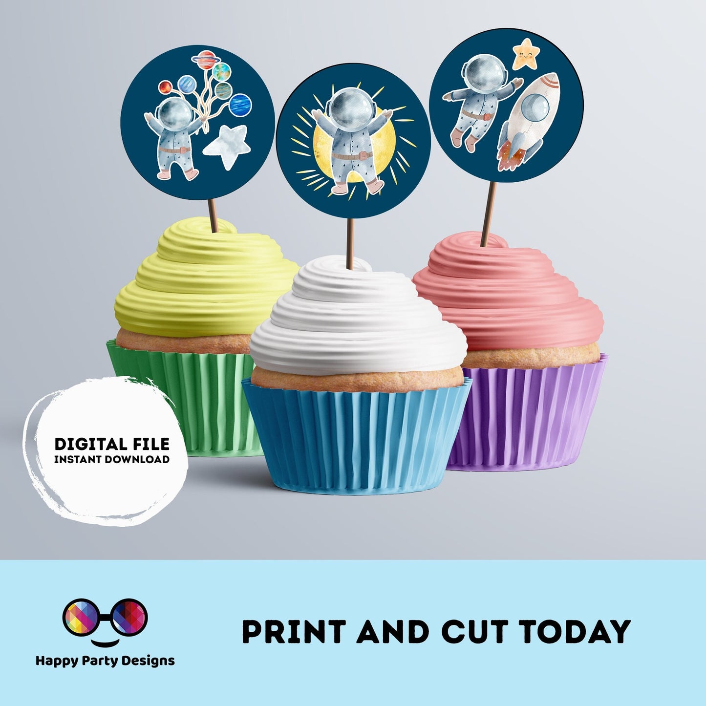 Instant Download First Trip Around the Sun cupcake toppers | Outer Space birthday | Astronaut Birthday Party | Outer Space stickers #K5