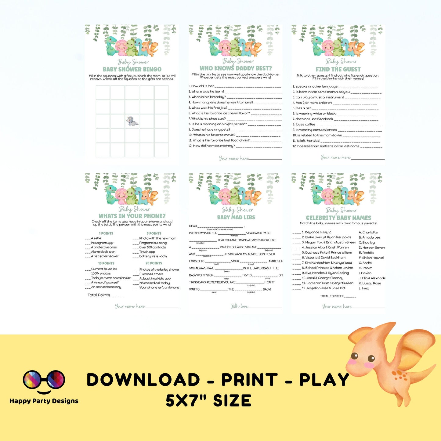 Instant dinosaur games bundle | Dino baby shower games | Baby boy | neutral gender shower | dinosaur baby shower games #B15