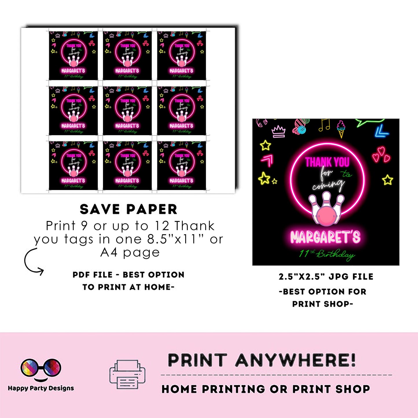 Editable neon bowling squared Thank you tag | Digital bowling printable thank you tag | Birthday girl | Neon Thank You tag #KID3