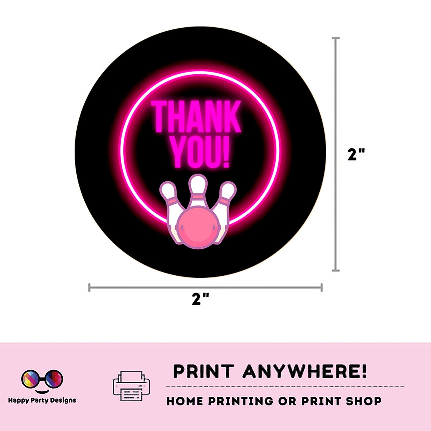 Neon bowling round Thank you tag | Instant printable thank you tag | Birthday girl | Neon Thank You tag | bowling #KID3