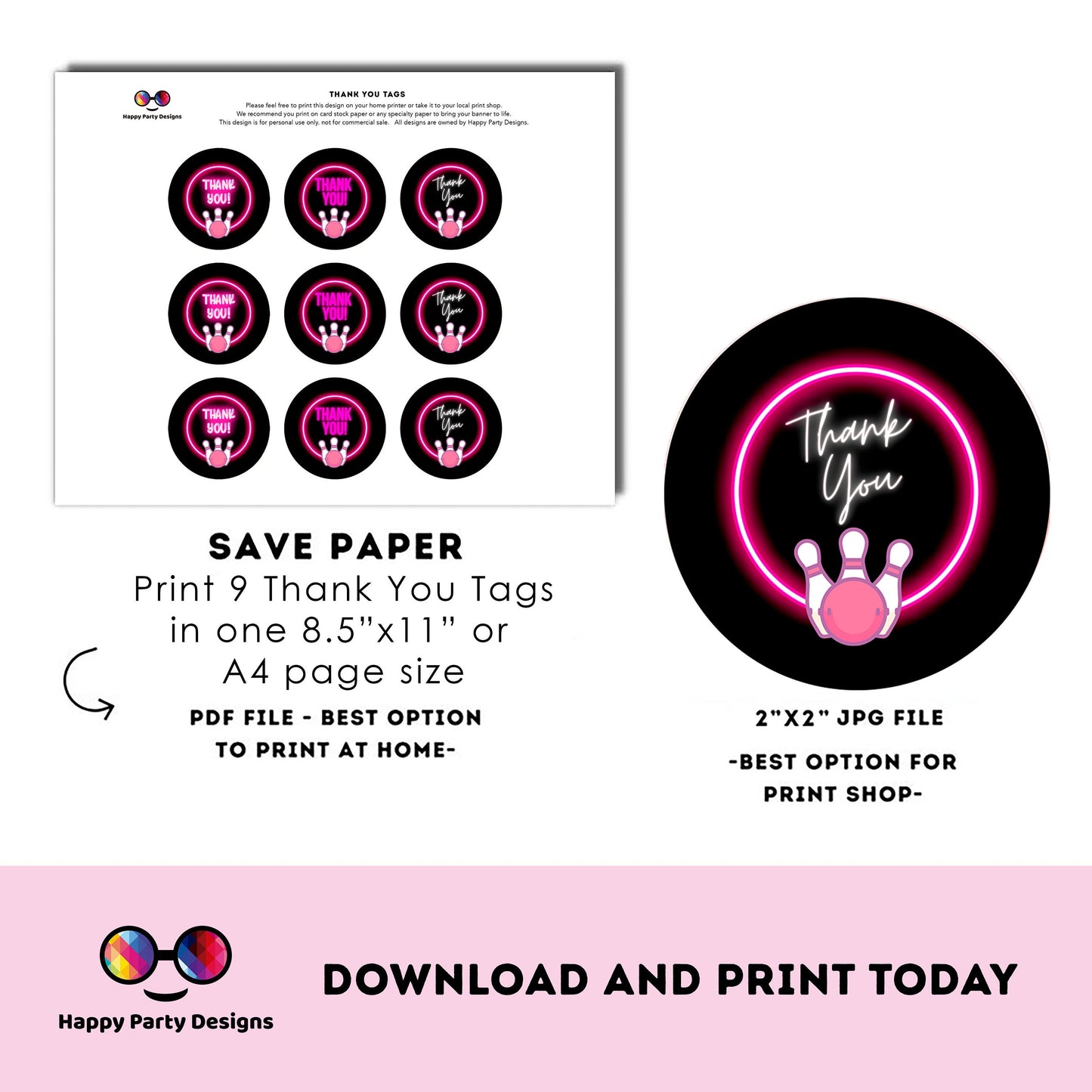 Neon bowling round Thank you tag | Instant printable thank you tag | Birthday girl | Neon Thank You tag | bowling #KID3