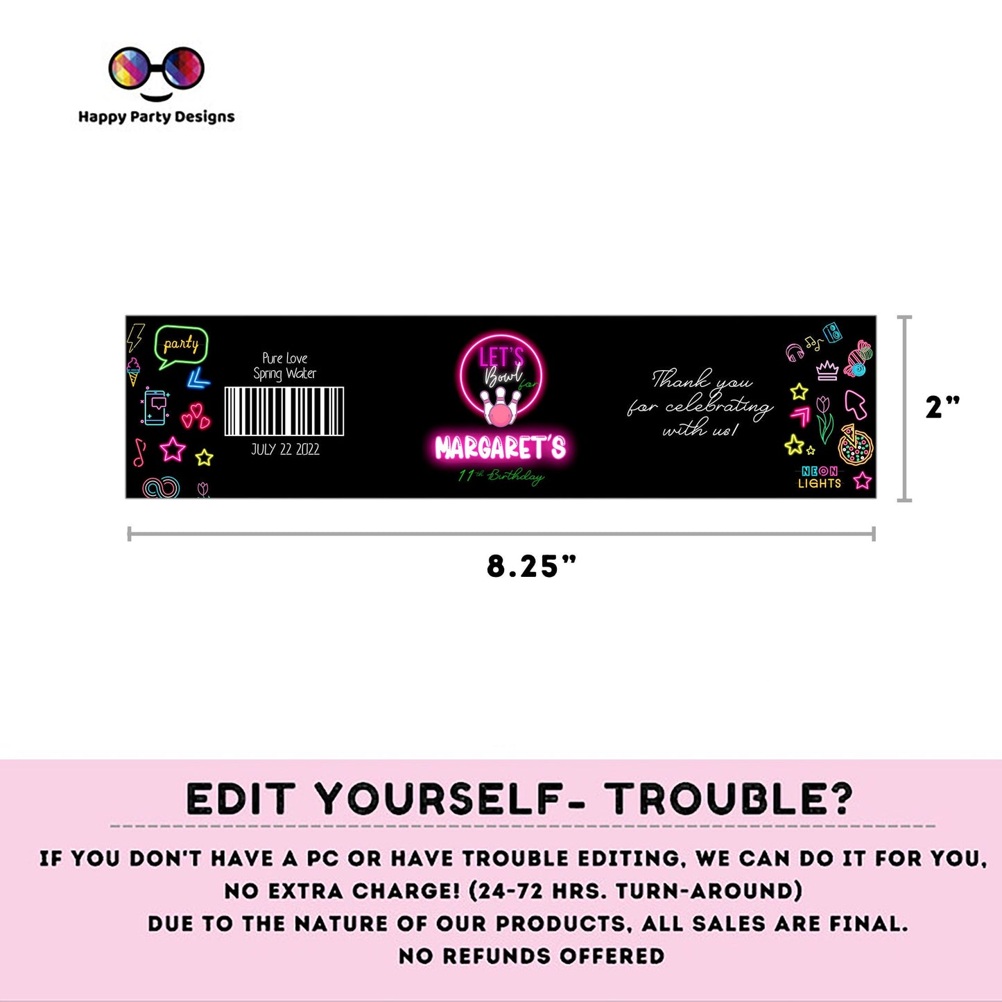Editable neon Bowling water bottle labels | digital | printable Bowling labels | Bowling party | bottle labels | Birthday Girl #KID3