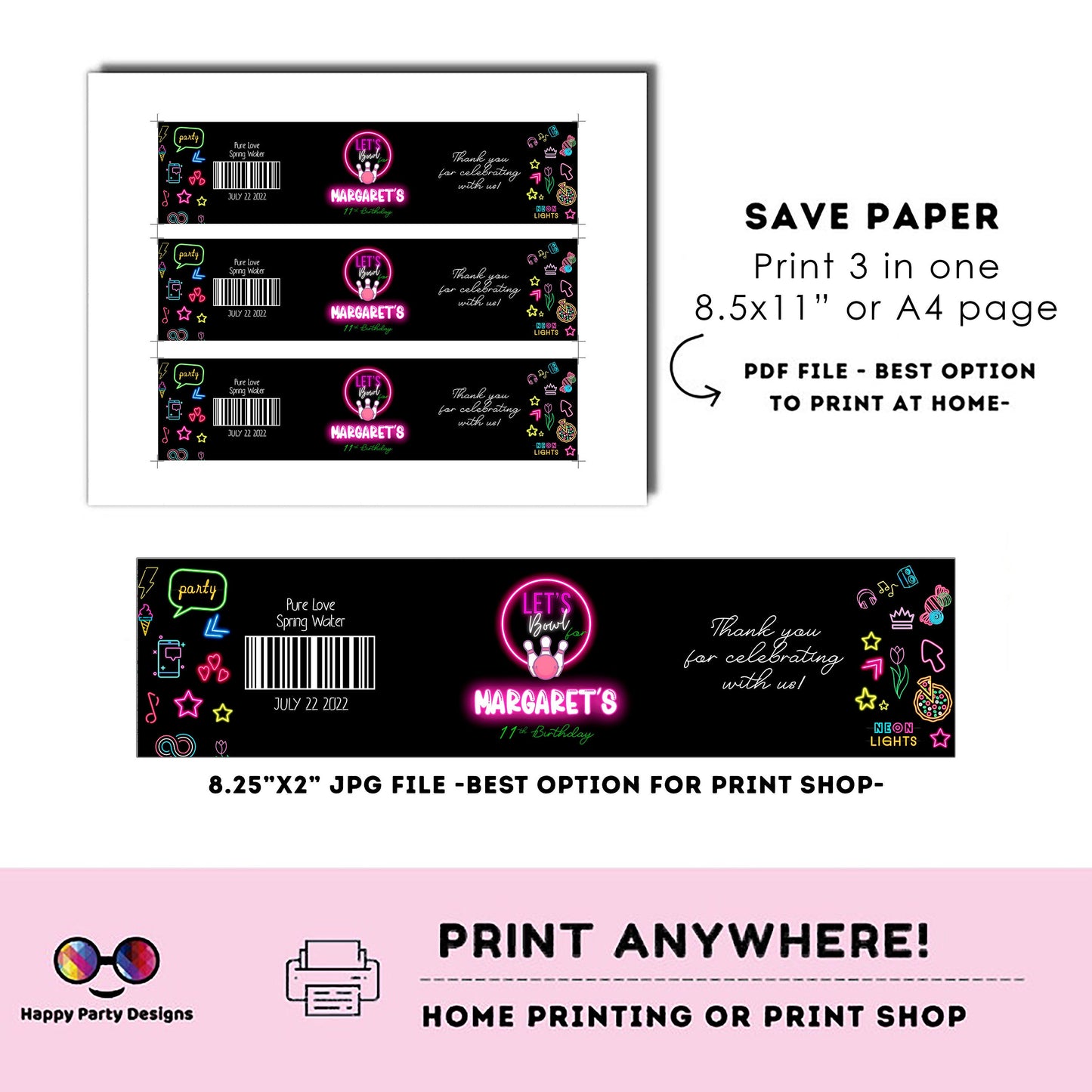 Editable neon Bowling water bottle labels | digital | printable Bowling labels | Bowling party | bottle labels | Birthday Girl #KID3
