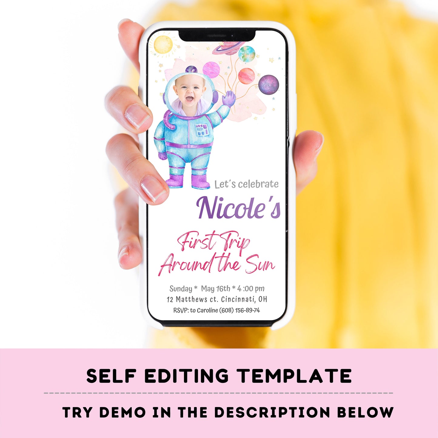 Editable Outer Space First Birthday Photo Evite | First Trip Around the Sun Space Girl | Invitation for iPhone, Smartphone Template #K57