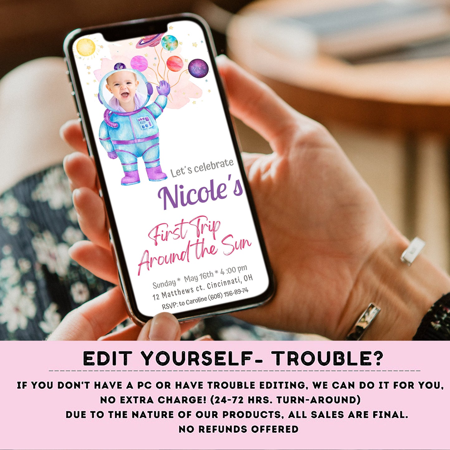 Editable Outer Space First Birthday Photo Evite | First Trip Around the Sun Space Girl | Invitation for iPhone, Smartphone Template #K57