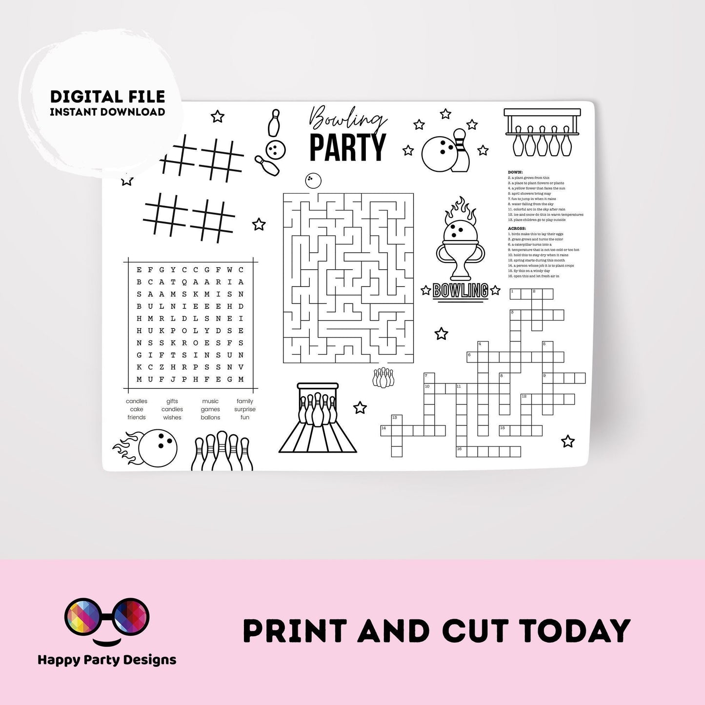 Printable Bowling Party Coloring Page | Bowling Birthday Activity Page | Bowling placemat | Printable Bowling Games | favors #KID3 #KID4