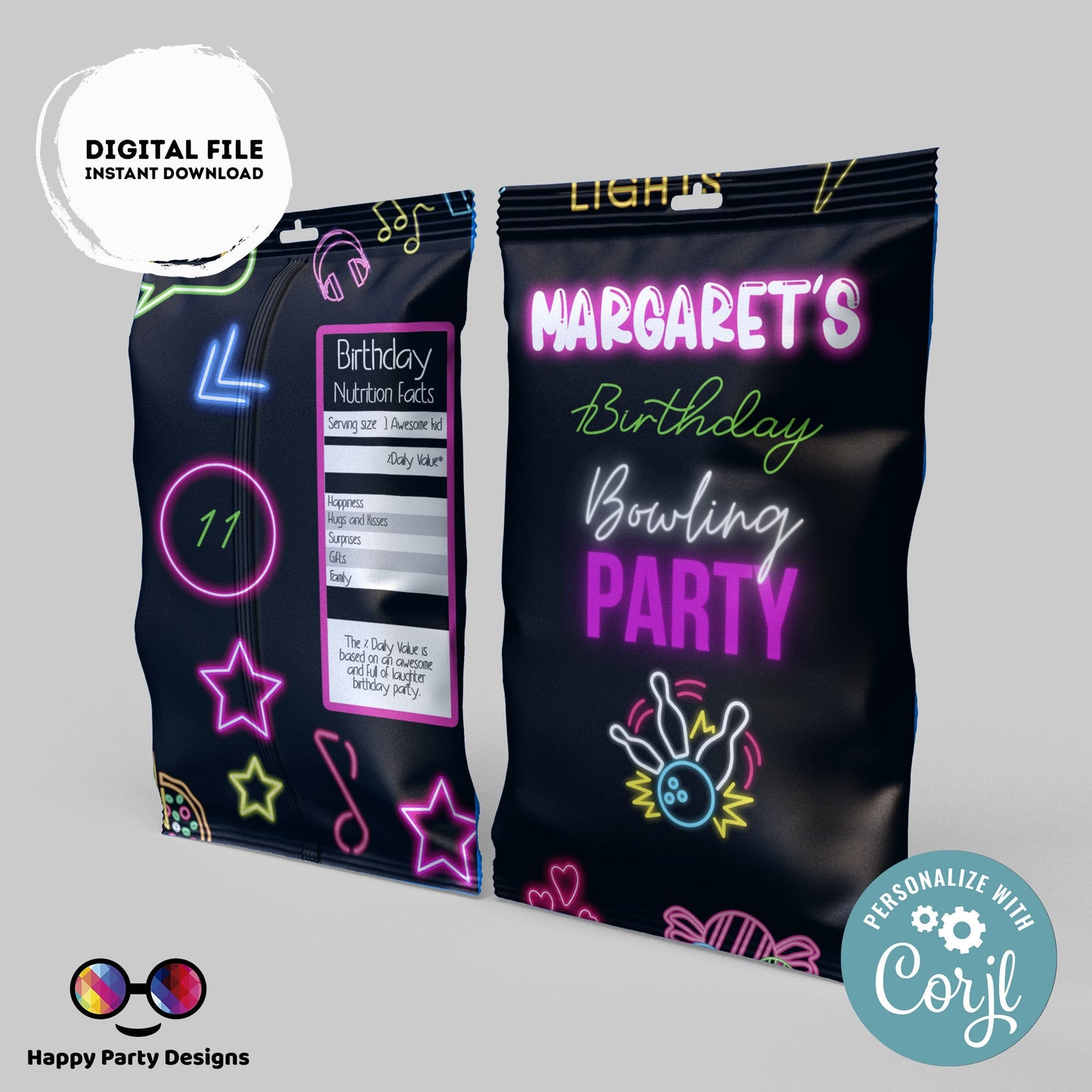 Editable neon Bowling Chip Bag | Digital Bowling printable Chip Bag | Party Snack Bowling Birthday girl | Personalized Favors #KID3