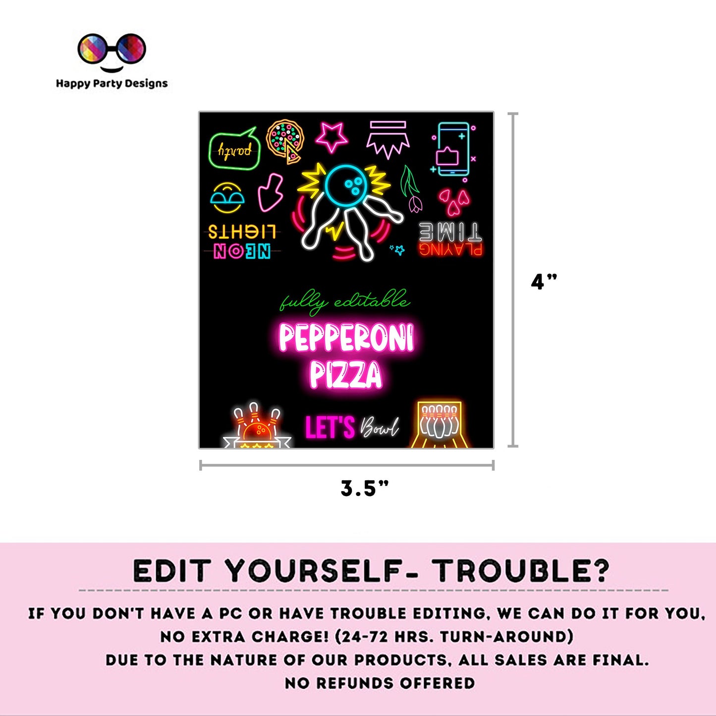editable neon Bowling Birthday food tent | Bowling party | buffet labels | Bowling birthday party | food label template | favors #KID3