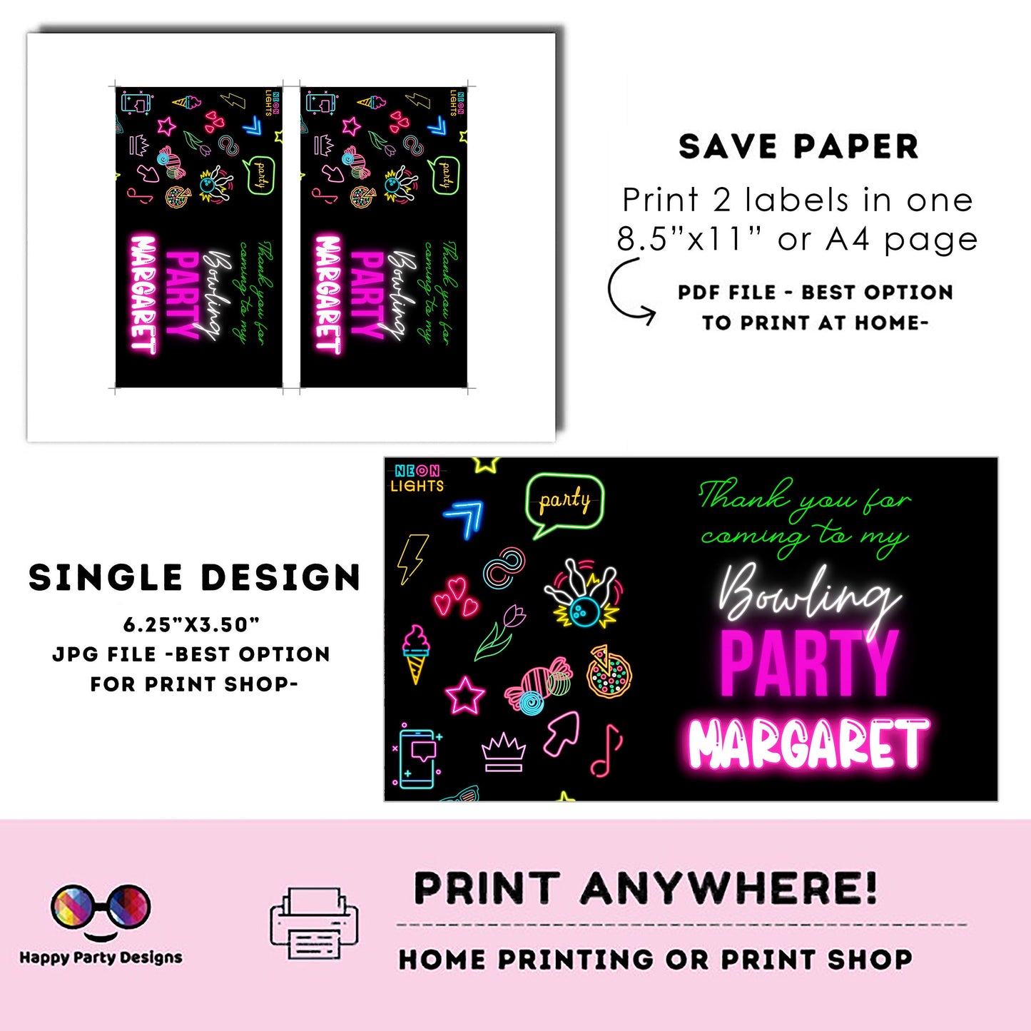 Editable neon Bowling Birthday Box label | favor box | Bowling birthday party | Girl birthday | Box to print | Bowling favors #KID3