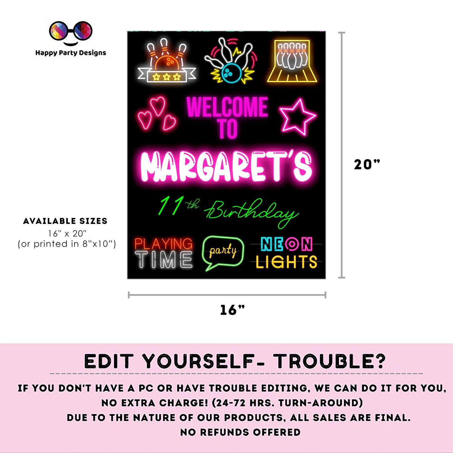 Editable neon Bowling Welcome Sign | Bowling birthday | Bowling birthday Decorations | Girl | Bowling Welcome Sign | Bowling party #KID3