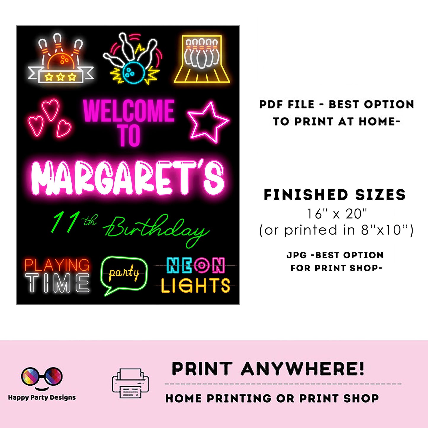 Editable neon Bowling Welcome Sign | Bowling birthday | Bowling birthday Decorations | Girl | Bowling Welcome Sign | Bowling party #KID3