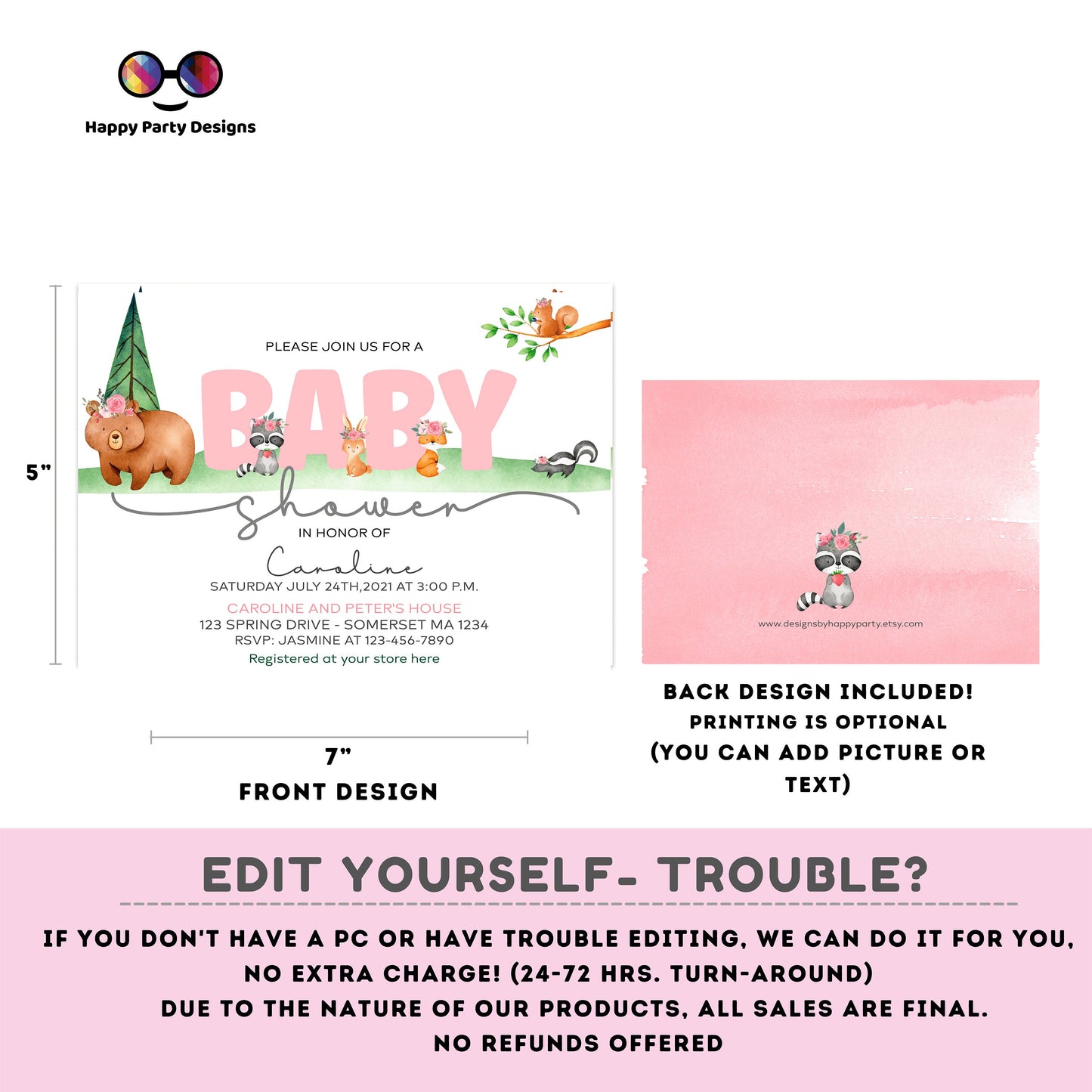 EDITABLE woodland Baby shower invitation bundle | diaper raffle, books for baby, thank you tag, thank you card | woodland baby girl | #B17