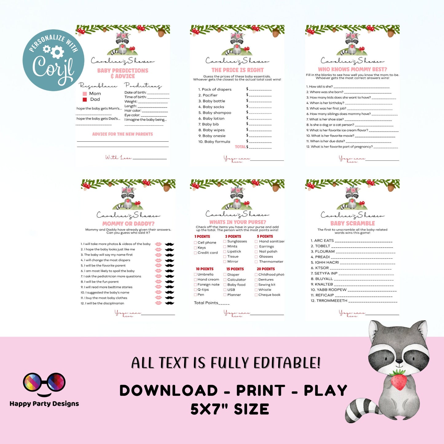 Editable woodland games bundle | woodland baby shower games | Baby girl | forest shower | woodland baby shower games #B17