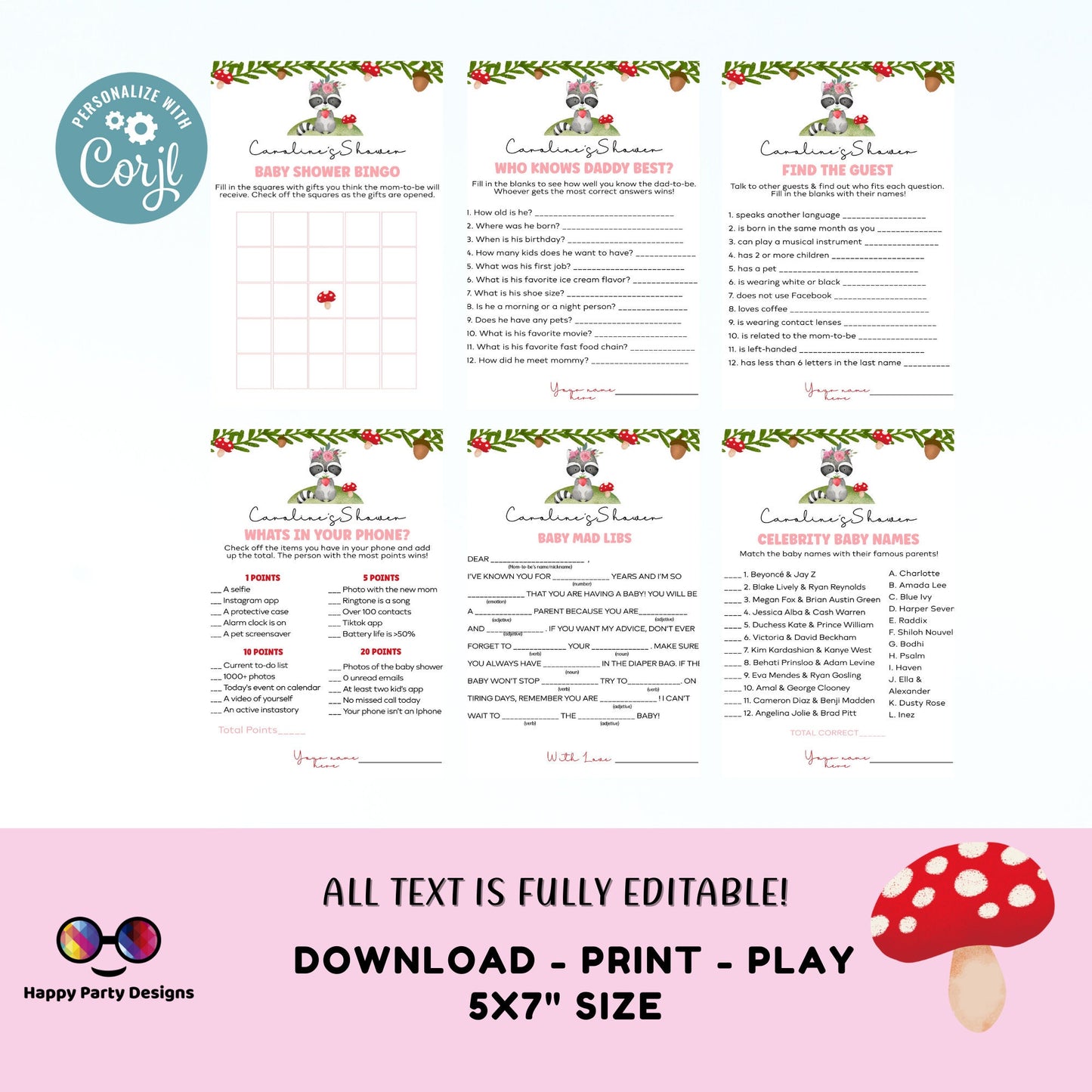 Editable woodland games bundle | woodland baby shower games | Baby girl | forest shower | woodland baby shower games #B17