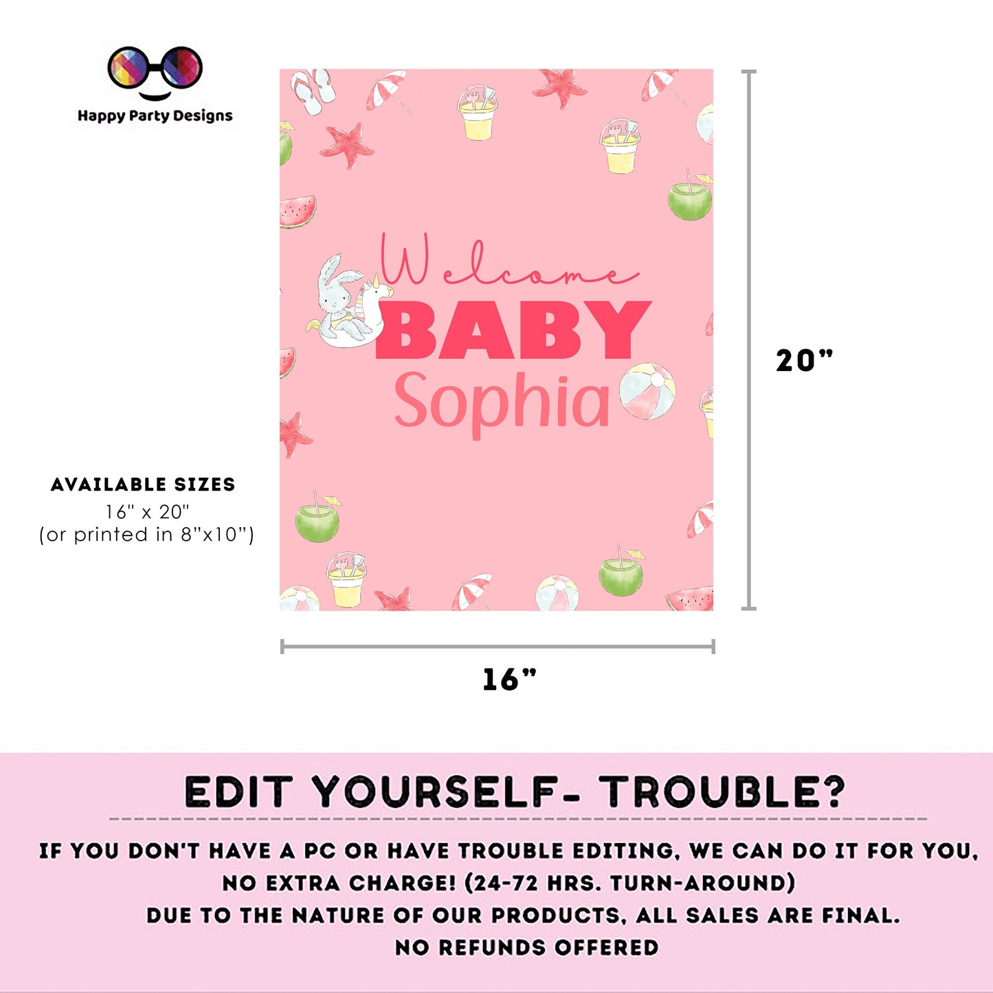Editable Welcome Sign | pool baby bash | baby shower Decorations | baby Girl| baby shower Welcome Sign | pool party | summer baby shower #B2