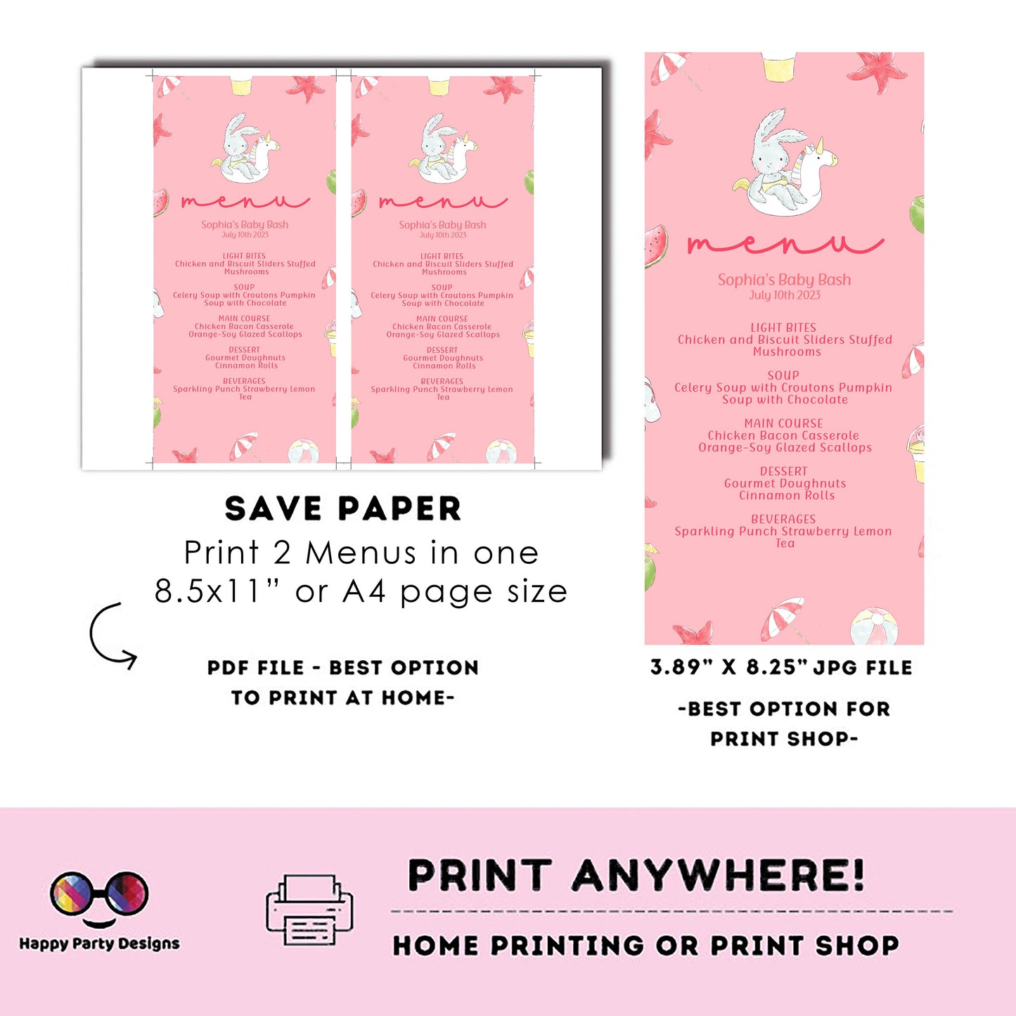 Pool baby bash Menu Template | Summer baby shower | Girl | Pool party | Party supplies | Summer baby shower | Baby girl | Summer baby #B2