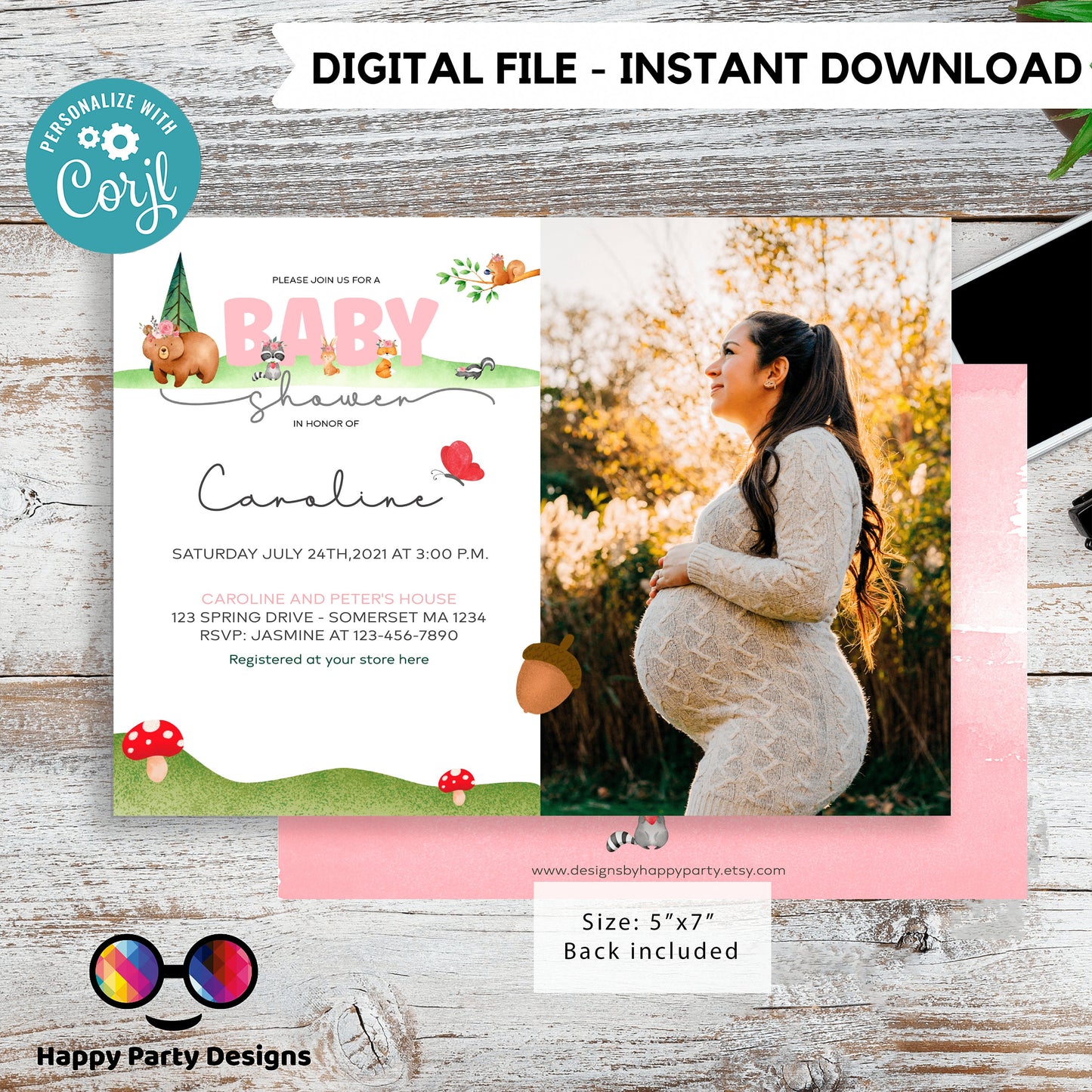EDITABLE woodland baby shower invitation | woodland Invitation with picture | Baby Shower | Instant Download | girl baby shower #B17