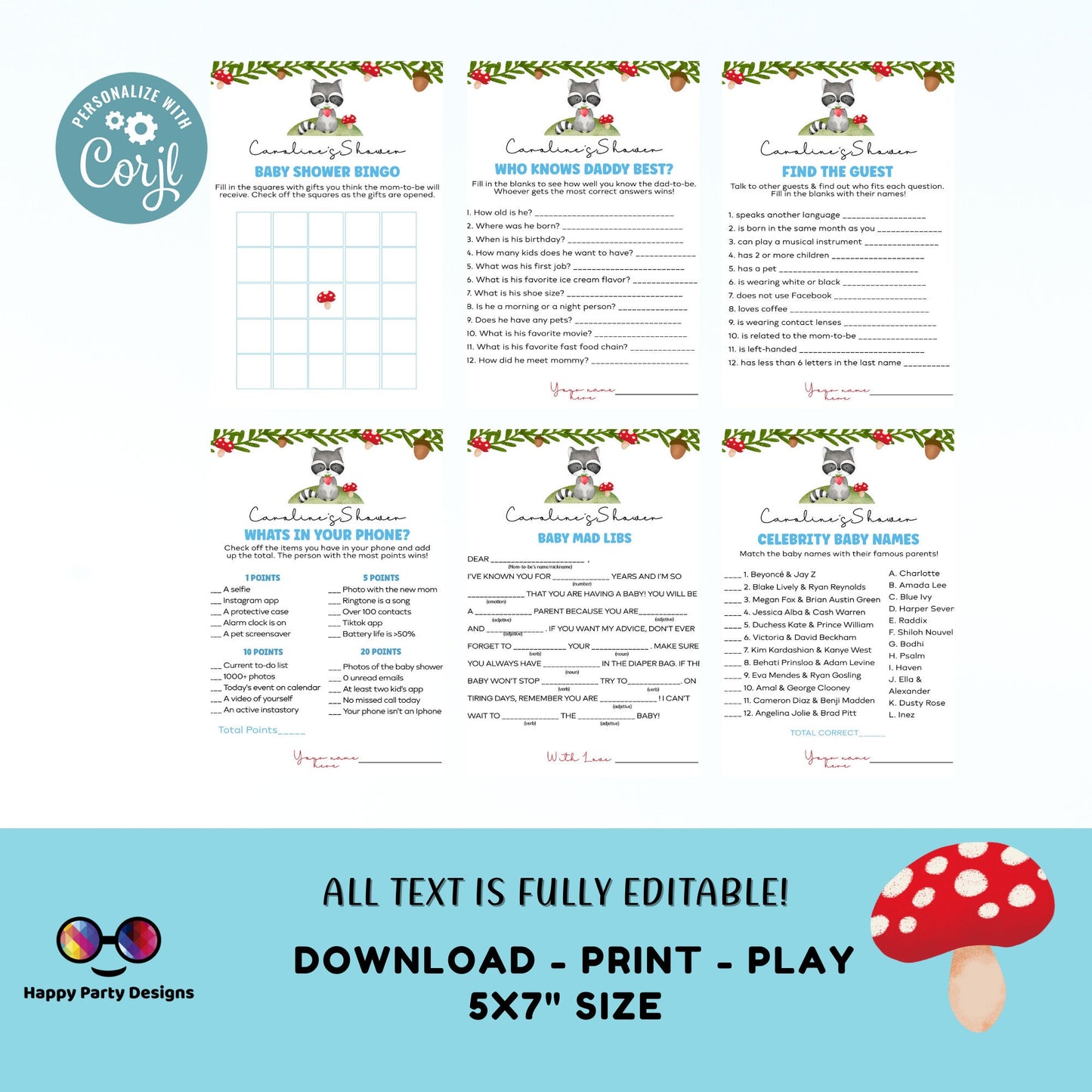 Editable woodland games bundle | woodland baby shower games | Baby boy | forest shower | woodland baby shower games #B16