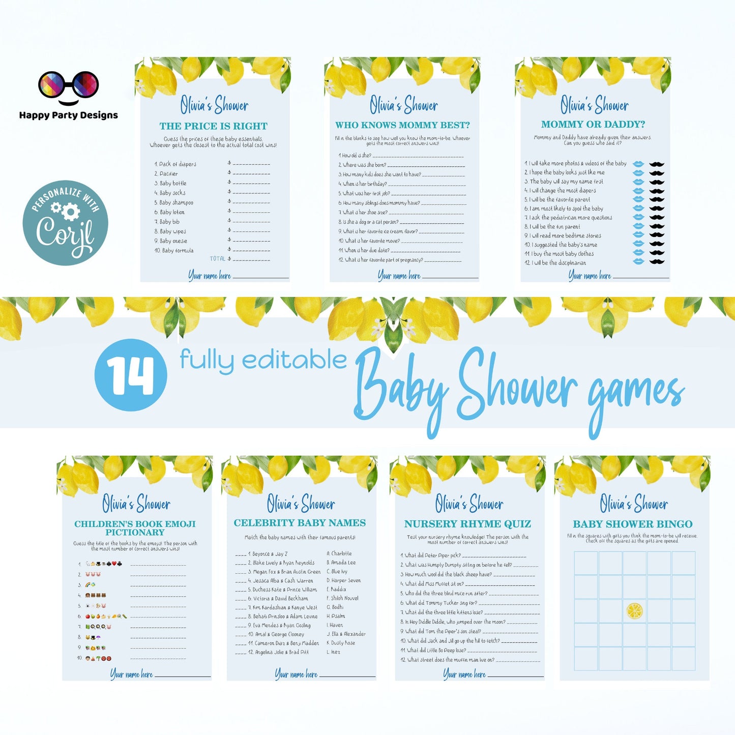 EDITABLE lemons Baby shower games bundle | Lemons baby shower | summer baby shower | Editable Baby Party Games | A little lemon #B9