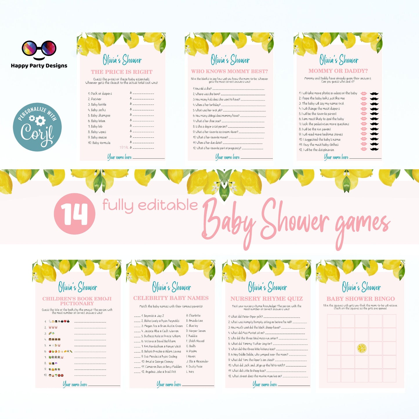 EDITABLE lemons Baby shower games bundle | Lemons baby shower | summer baby shower | Editable Baby Party Games | A little lemon | girl #B8