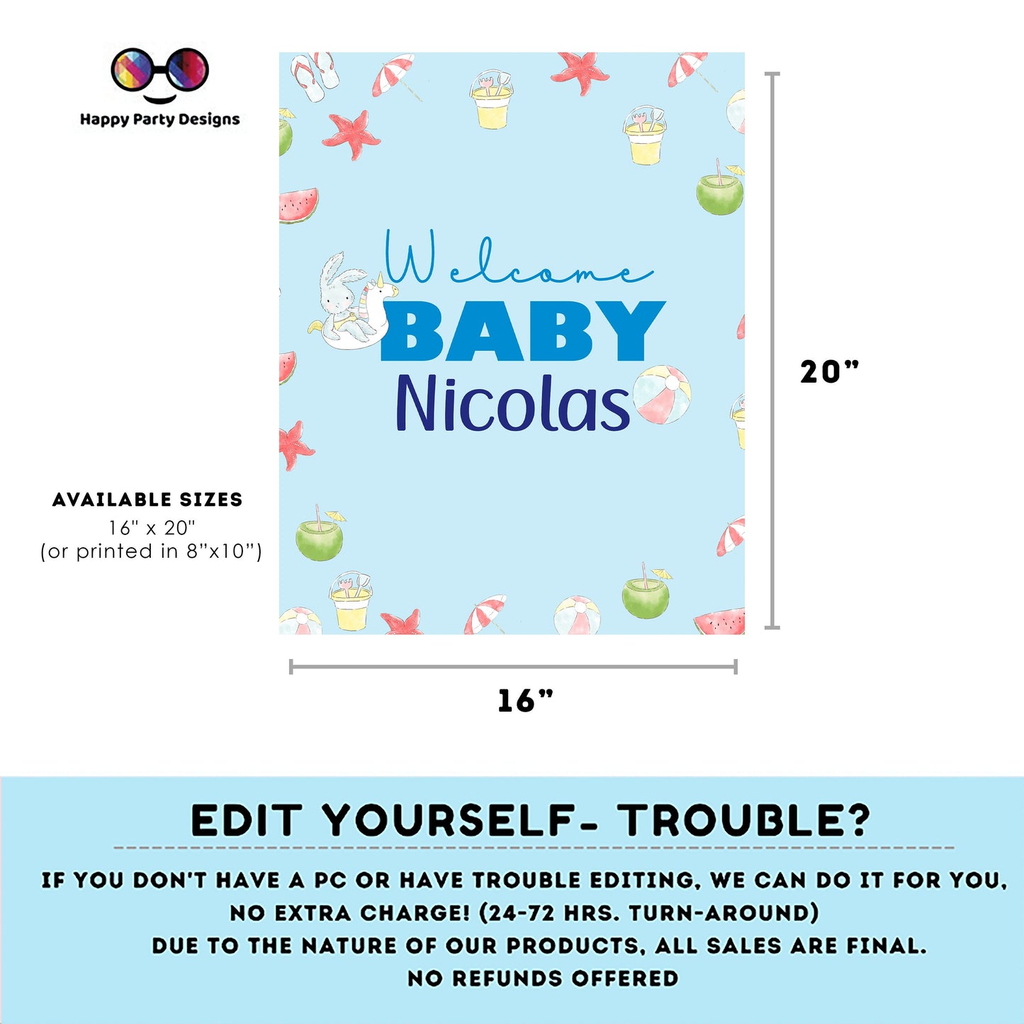 Editable Welcome Sign | pool baby bash | baby shower Decorations | baby Boy | baby shower Welcome Sign | pool party | summer baby shower #B1