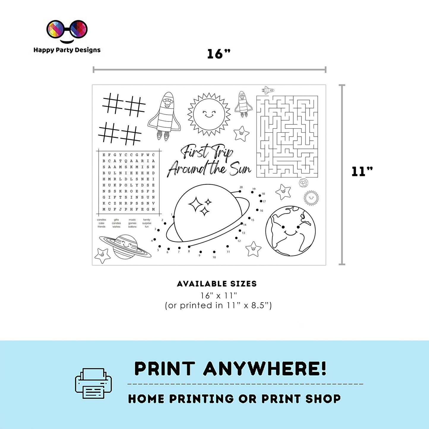 INSTANT DOWNLOAD First Trip Around the Sun party coloring page | Outer Space party Activity games | Astronaut Activity Page Placemat #K5