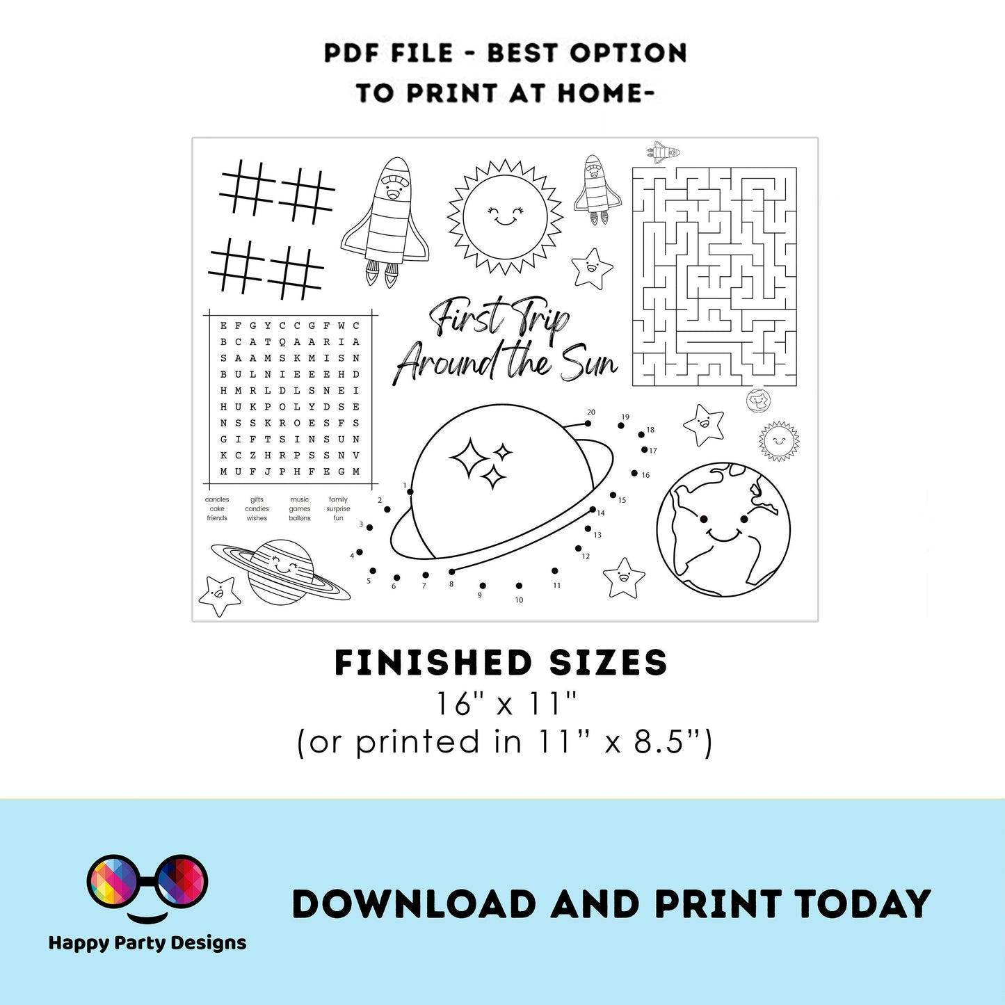 INSTANT DOWNLOAD First Trip Around the Sun party coloring page | Outer Space party Activity games | Astronaut Activity Page Placemat #K5