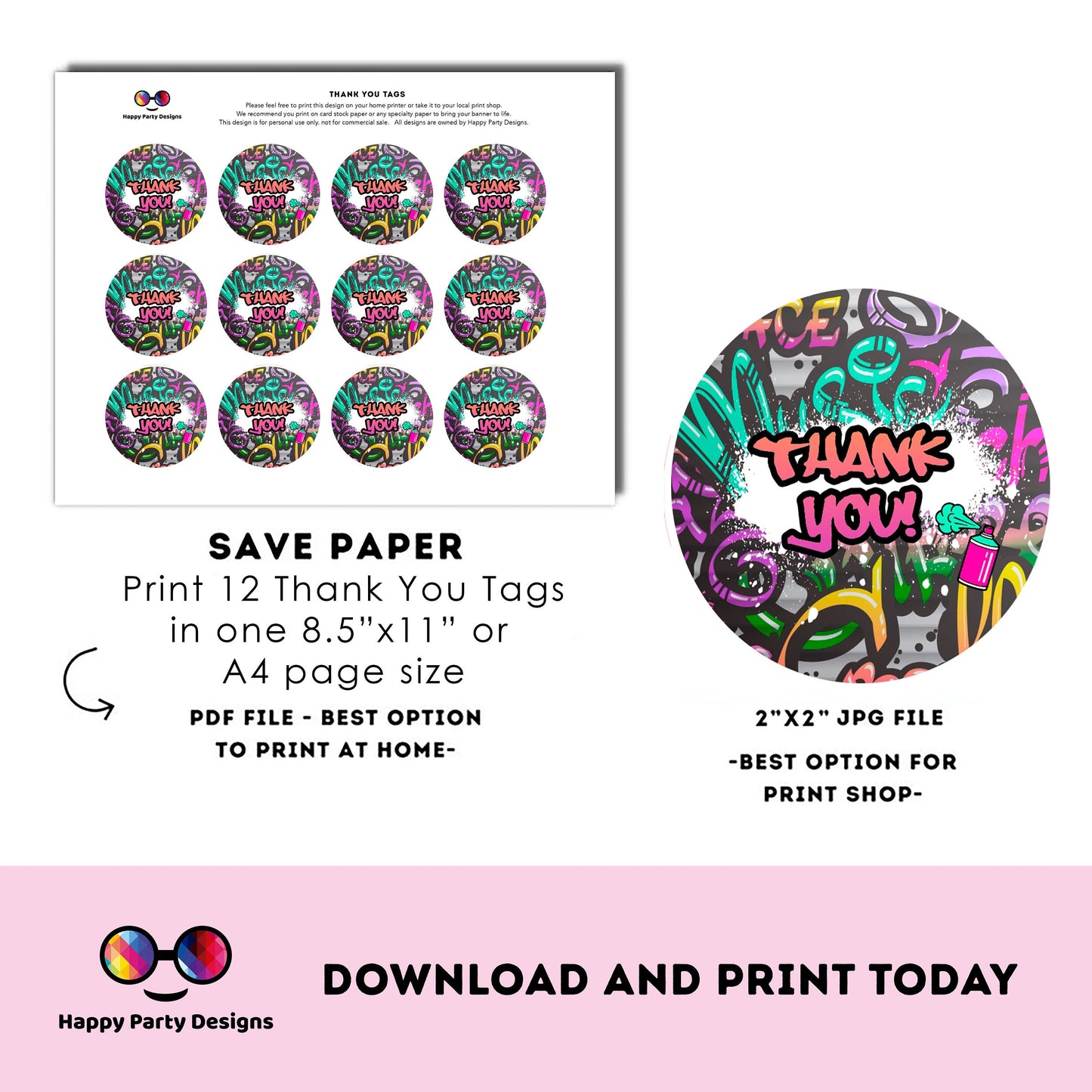 Graffiti Thank you tag | Digital graffiti printable thank you tag | Birthday boy | Graffiti Thank You | Instant Download | round tag #K2