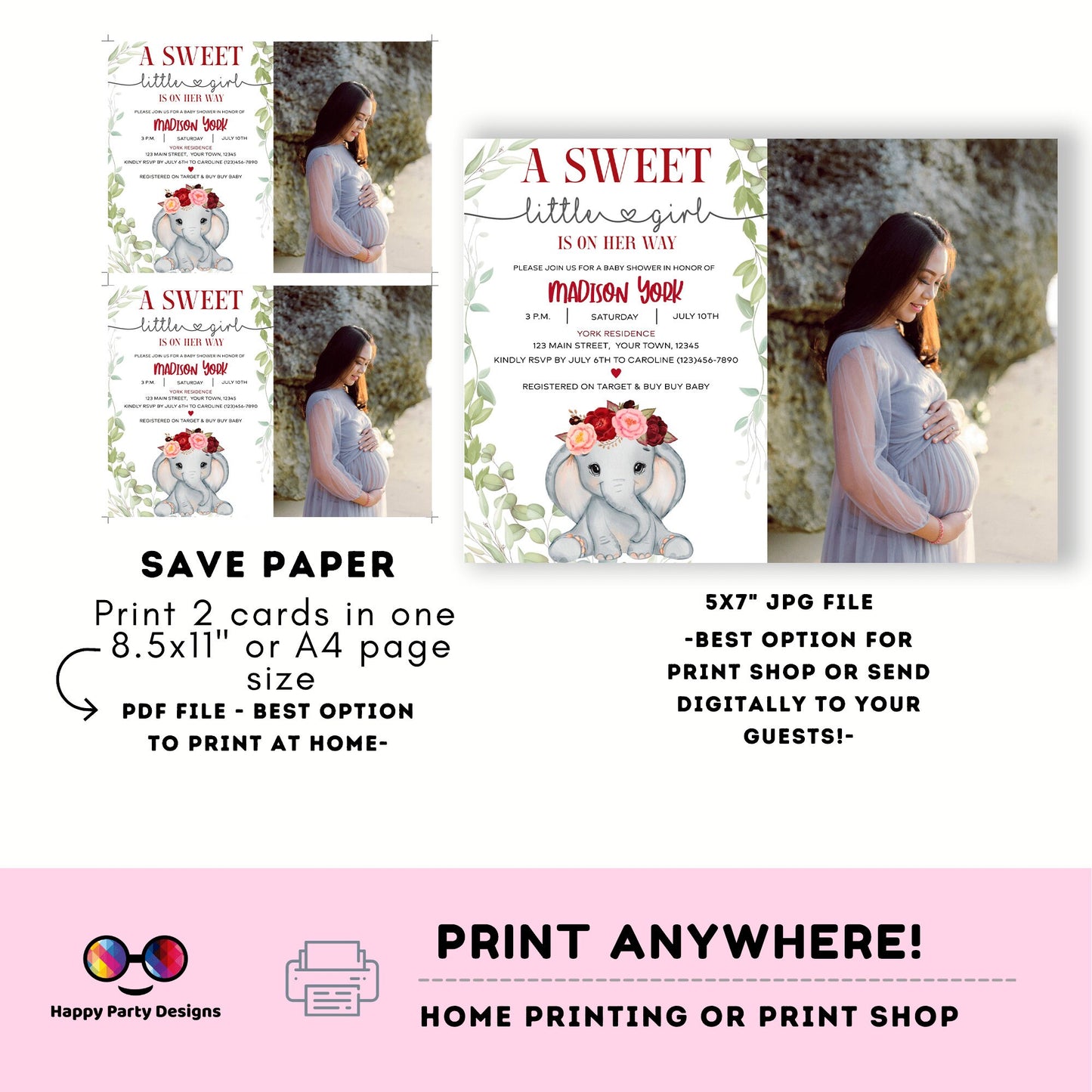 Elephant Baby Shower Invitations for Girls with photo | Sweet baby girl | burgundy | Cute elephant | Edit Yourself & Instant Download #B14