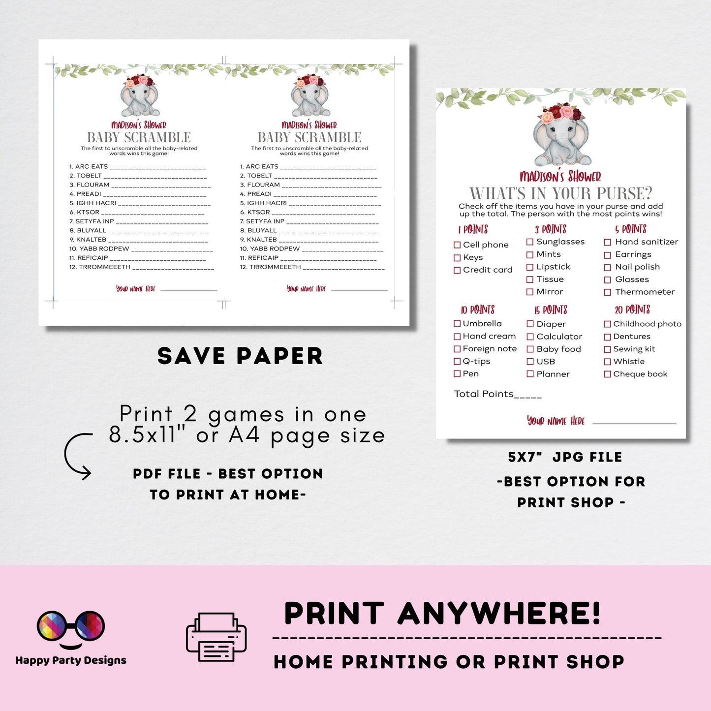 Editable elephant games bundle | elephant baby shower games | Baby girl | elephant shower | burgundy baby shower games #B14