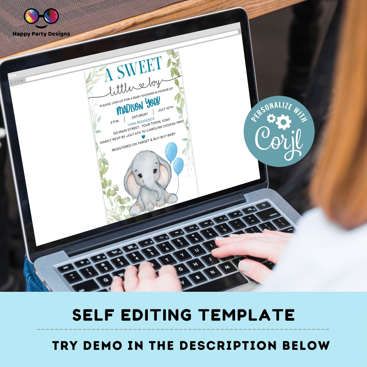 Elephant Baby Shower Invitations for boy | Sweet baby boy | blue | Cute elephant | Edit Yourself & Instant Download #B18