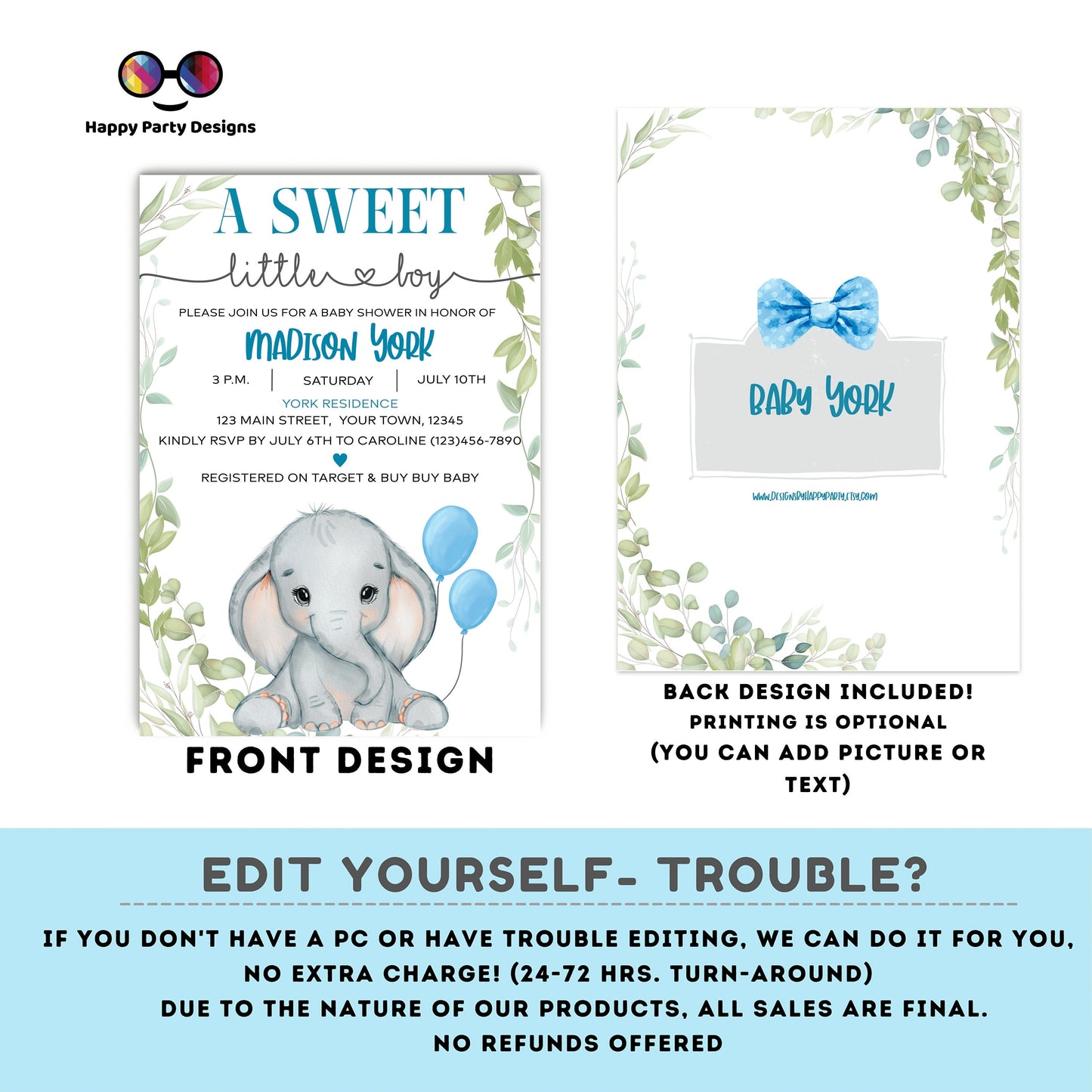 Elephant Baby Shower Invitations for boy | Sweet baby boy | blue | Cute elephant | Edit Yourself & Instant Download #B18