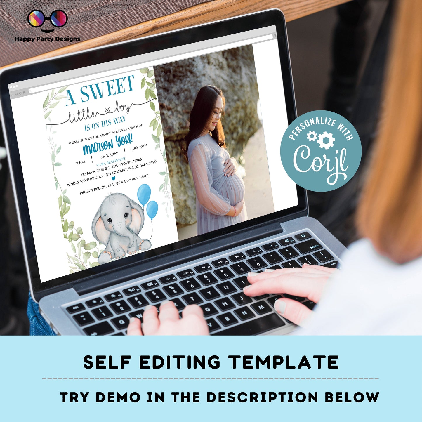 Elephant Baby Shower Invitations for baby boy with photo | Sweet baby boy | blue | Cute elephant | Edit Yourself & Instant download #B18