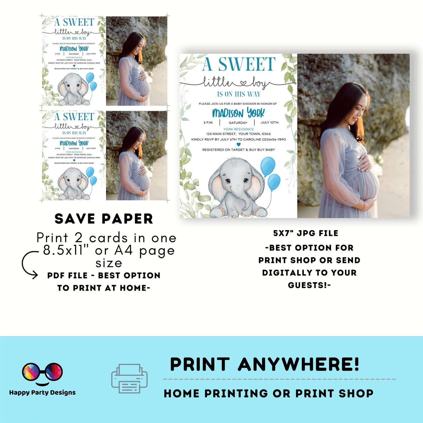 Elephant Baby Shower Invitations for baby boy with photo | Sweet baby boy | blue | Cute elephant | Edit Yourself & Instant download #B18