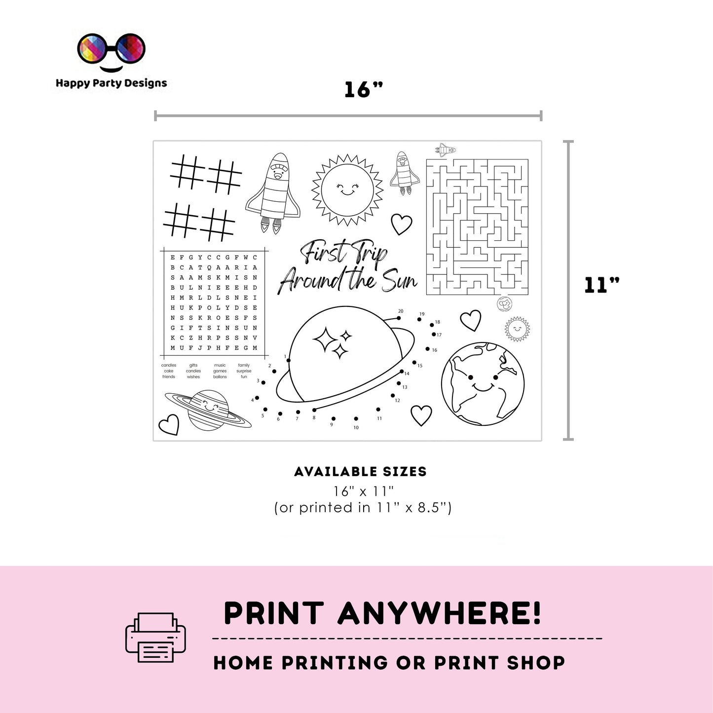 INSTANT DOWNLOAD First Trip Around the Sun party coloring page | Outer Space party Activity games GIRL Astronaut Activity Page Placemat #K57