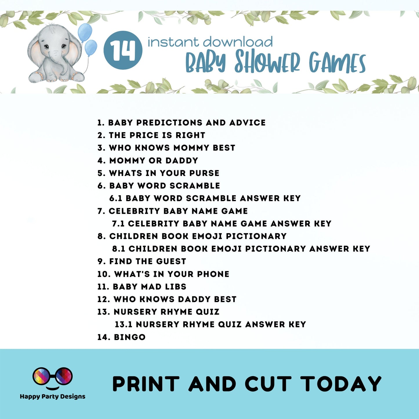 Instant baby elephant games bundle | baby shower games | Baby boy | blue baby shower | elephant baby shower games #B18