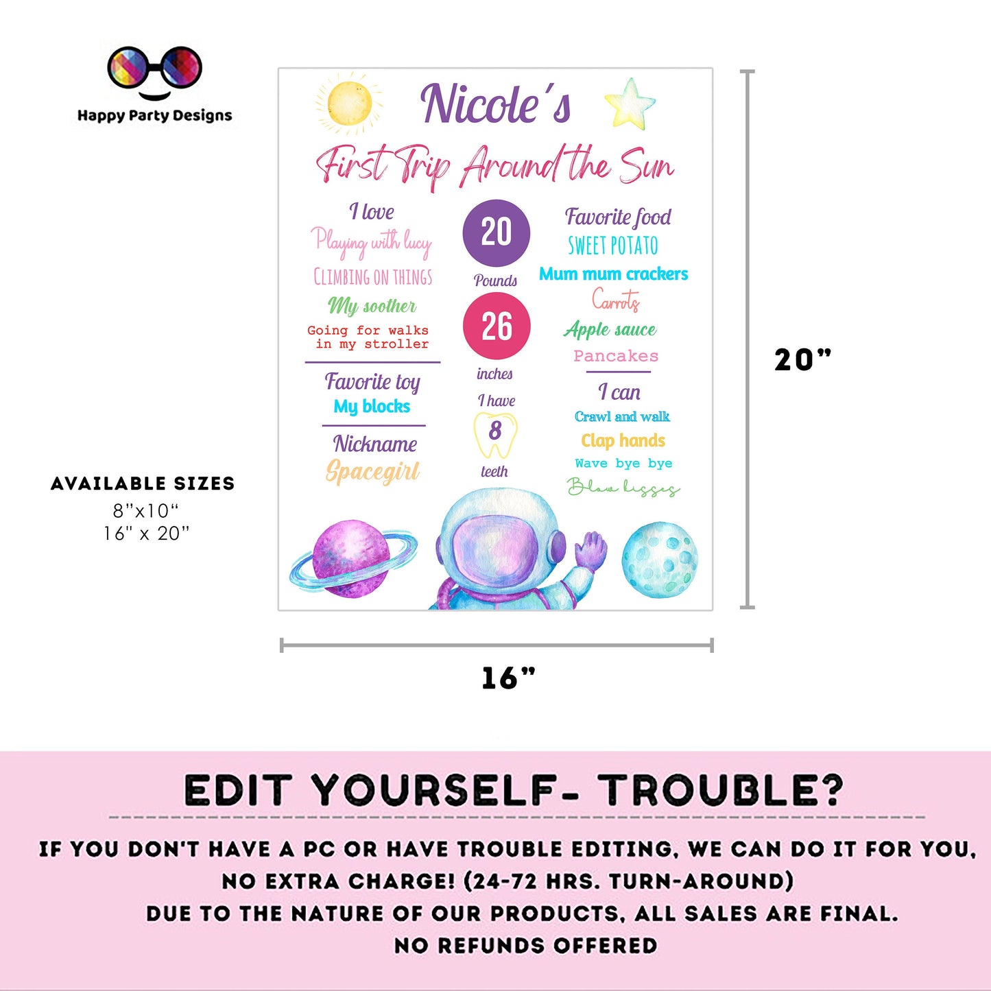 Editable milestone First Trip Around the Sun party Sign | Outer Space party birthday | Astronaut Decoration | birthday Printable poster #K57
