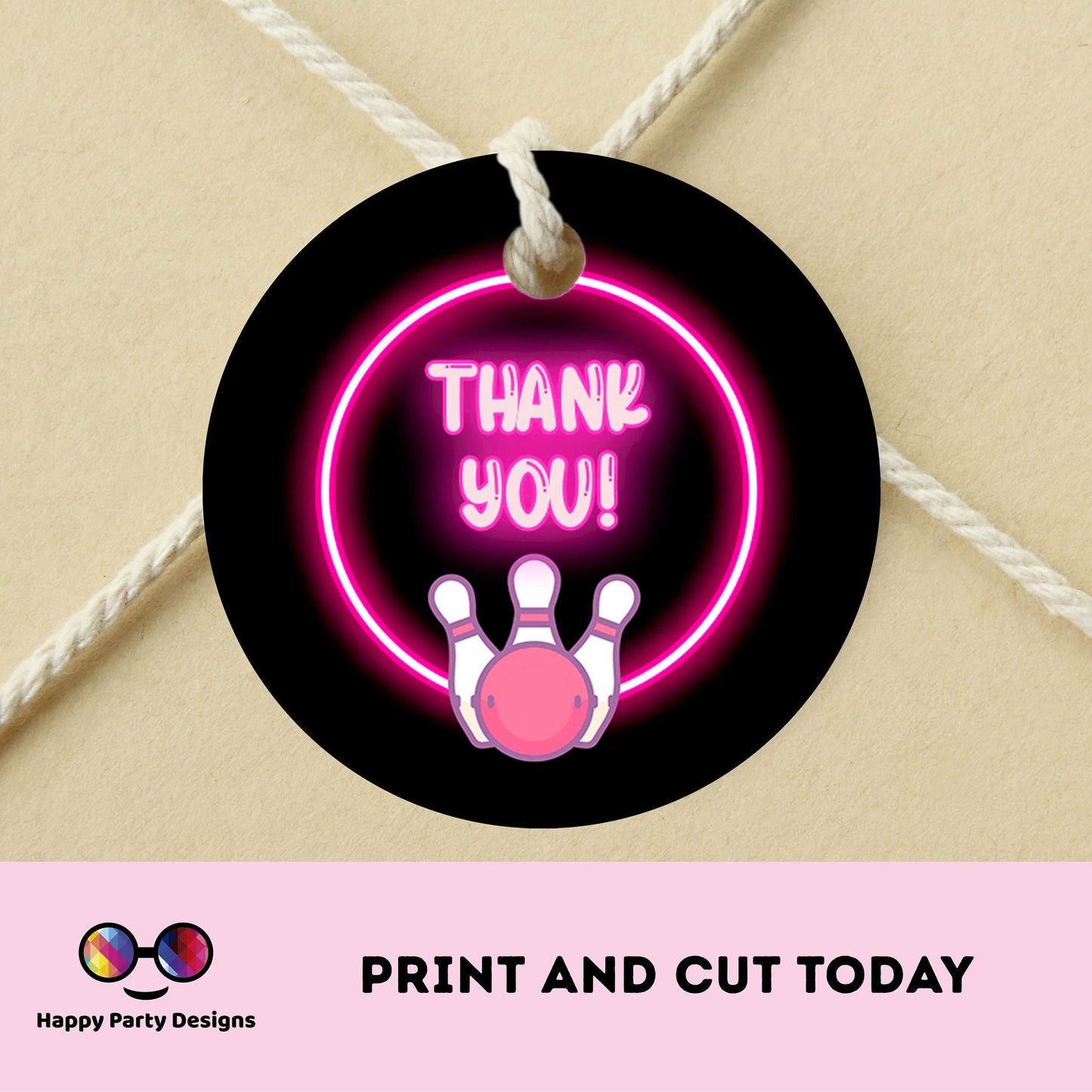 Neon bowling round Thank you tag | Instant printable thank you tag | Birthday girl | Neon Thank You tag | bowling #KID3