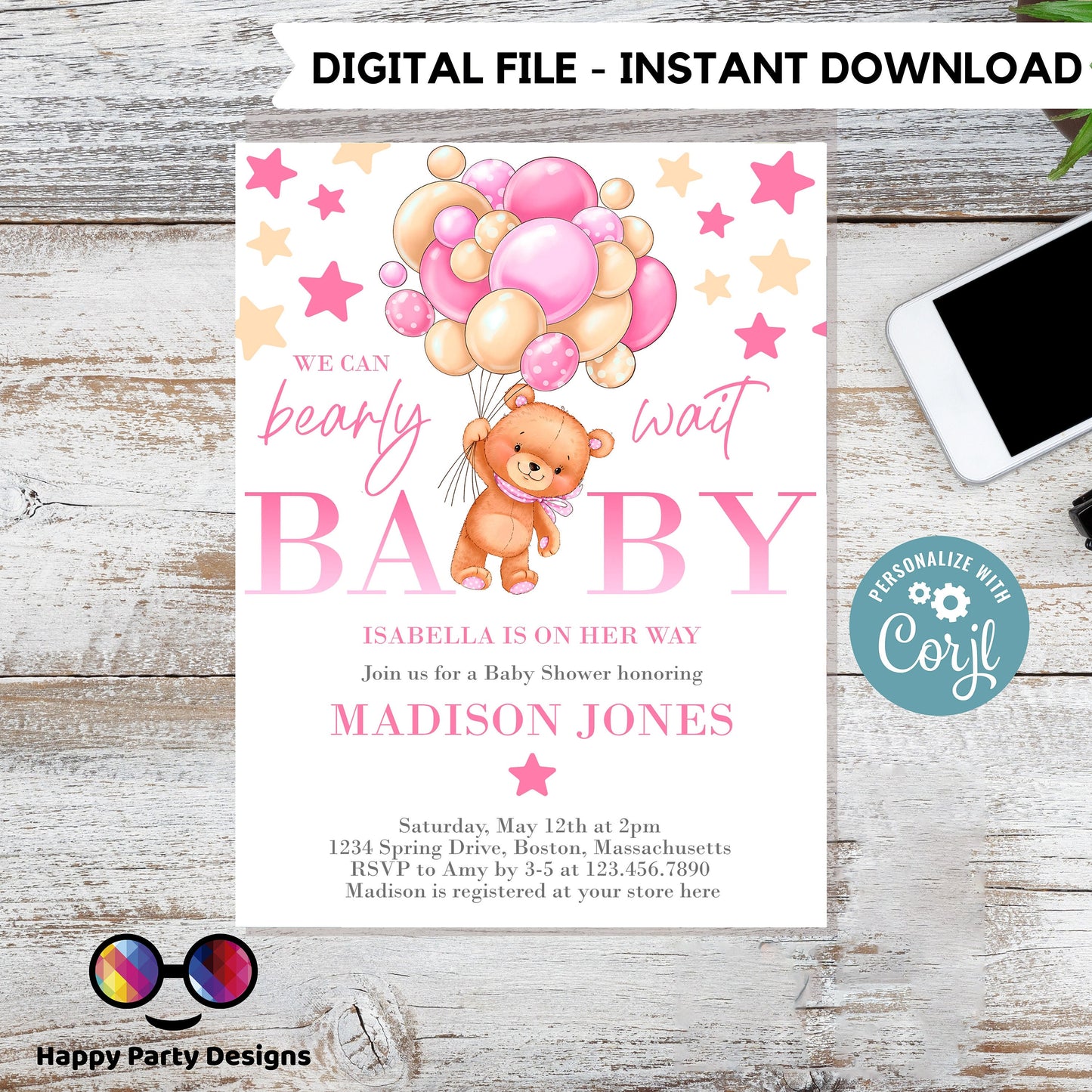 EDITABLE pink Teddy bear baby shower invitation template | teddy bear with balloons Invitation | Baby Shower | girl baby shower #B21